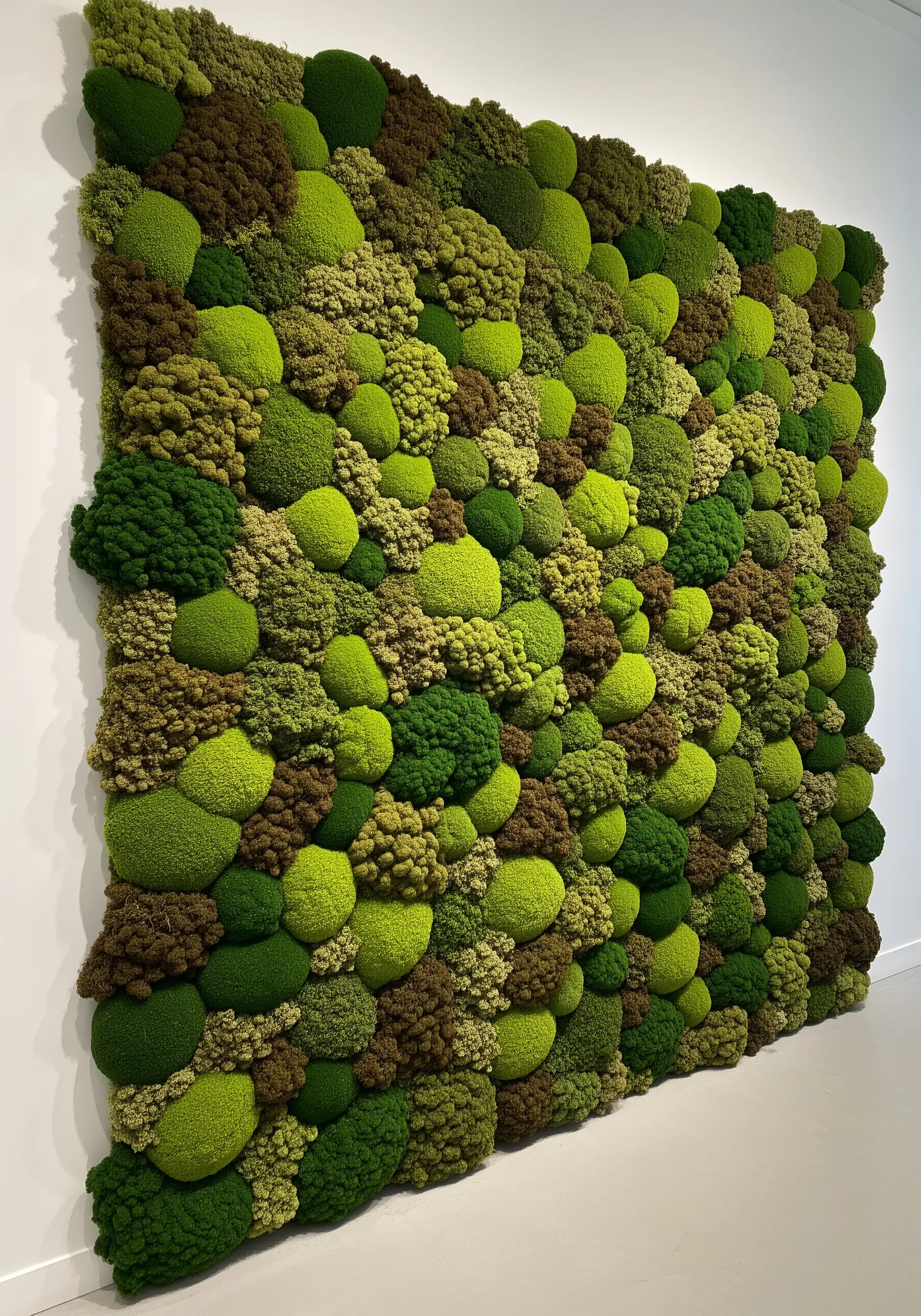A large wall panel covered in a dense, textured tapestry of preserved moss in various green shades.