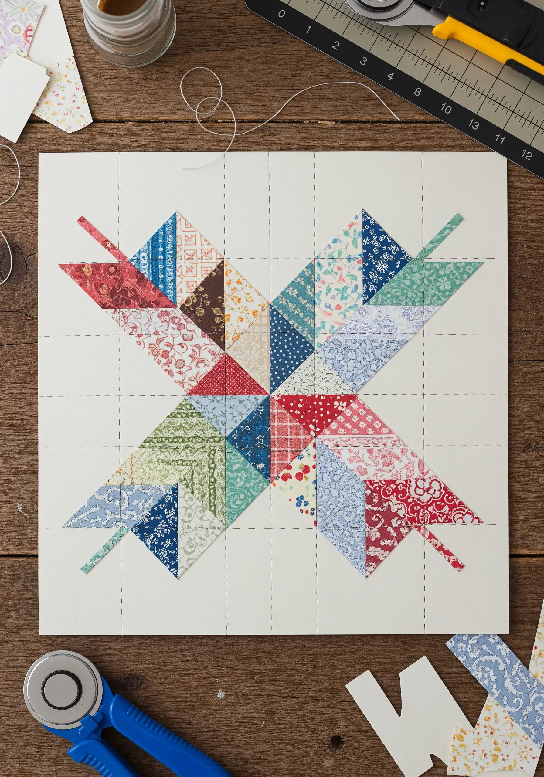 A paper collage in a geometric quilt block pattern, with dotted lines indicating where to stitch.