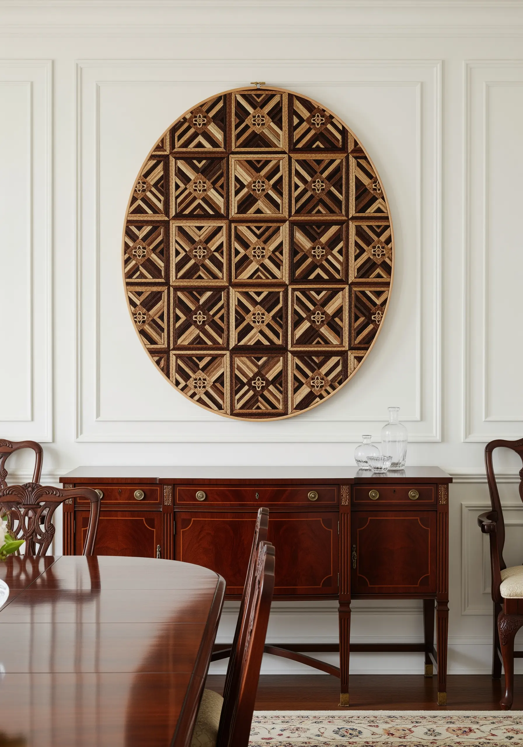An oversized embroidery hoop with a complex geometric pattern stitched in shades of brown.