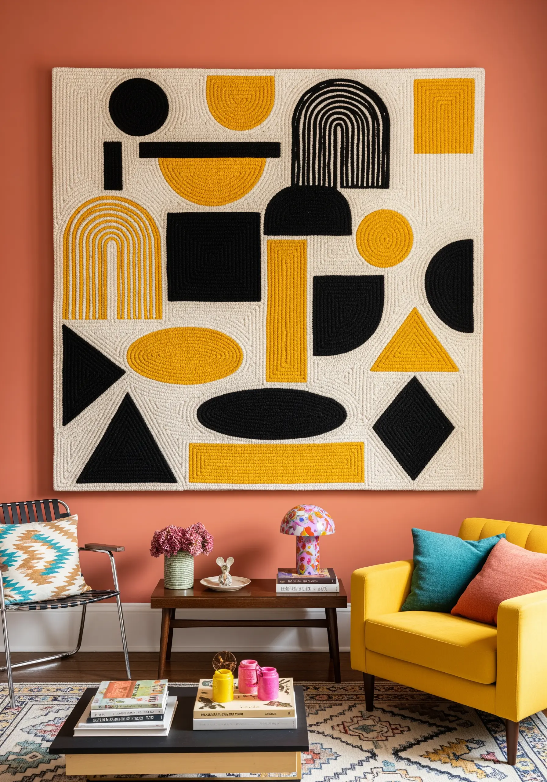 Large-scale abstract geometric wall art with black, yellow, and cream textured blocks.