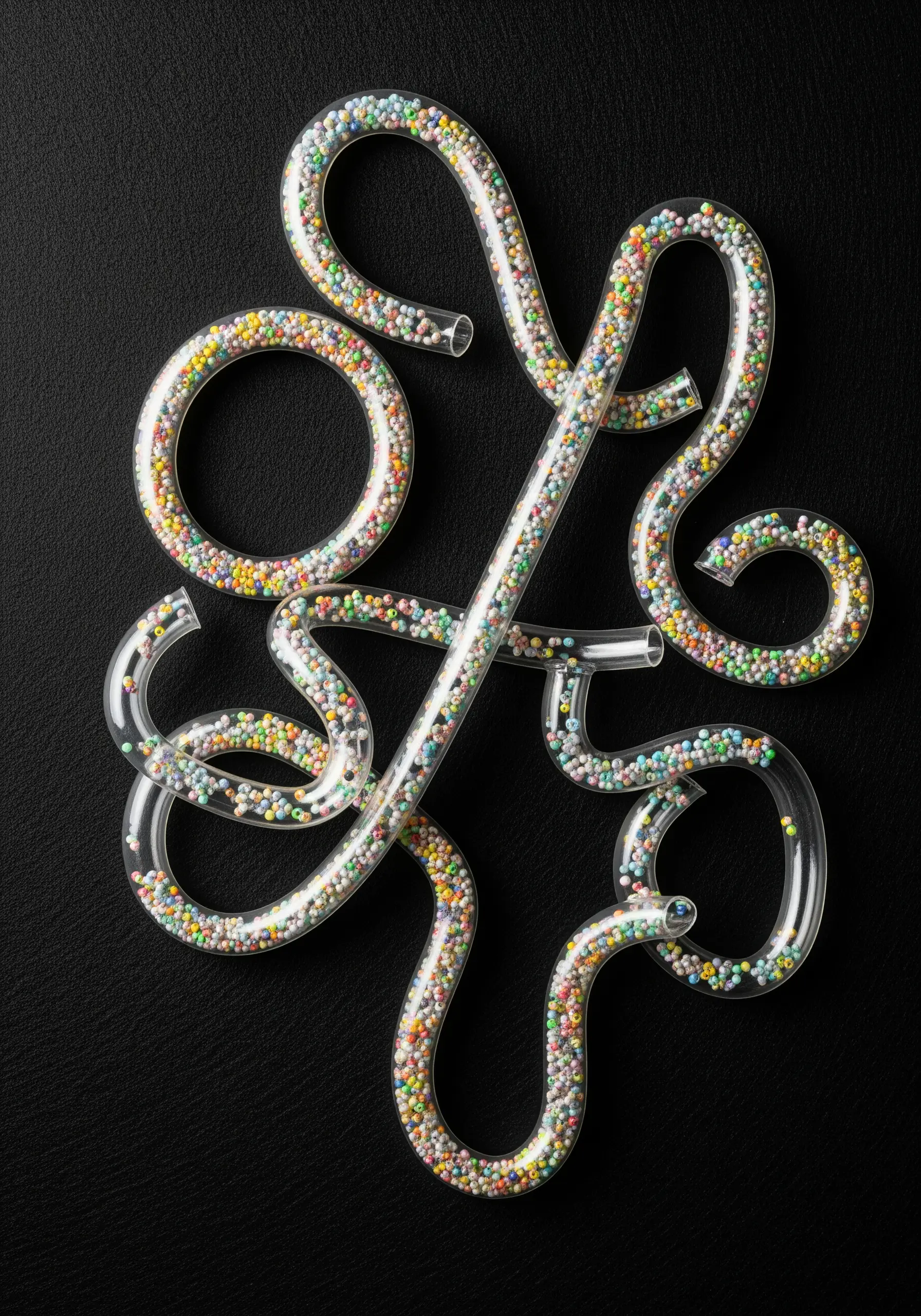 Clear plastic tubing filled with colorful microbeads, twisted into an abstract knot on black fabric.