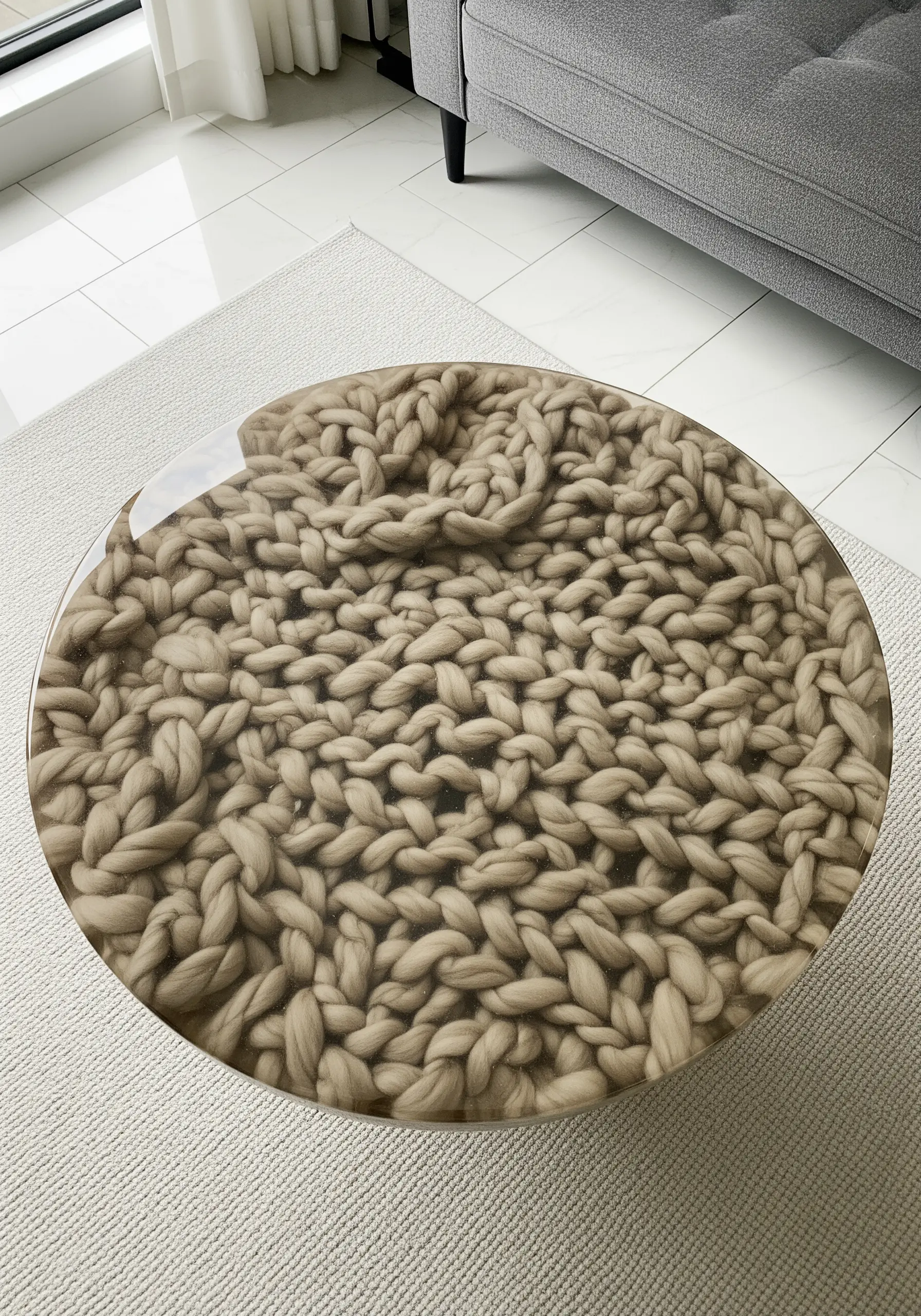 A round coffee table with a chunky beige knit blanket embedded under a clear resin surface.