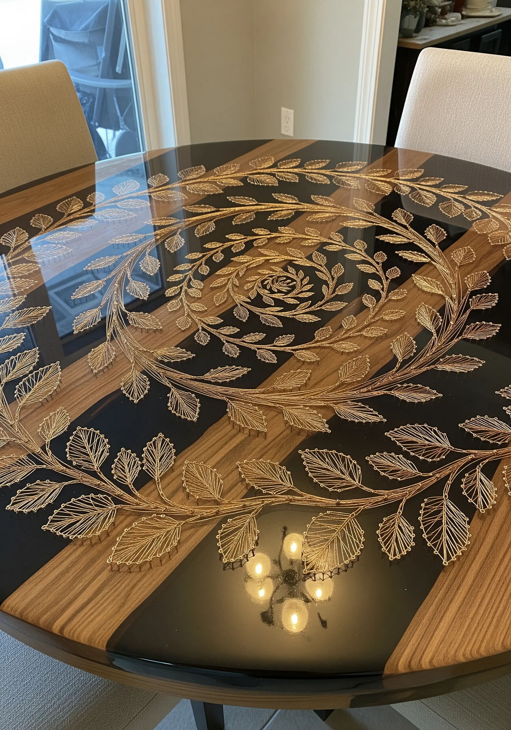 A round wooden table with a gold string art spiral of leaves embedded under a glossy resin top.