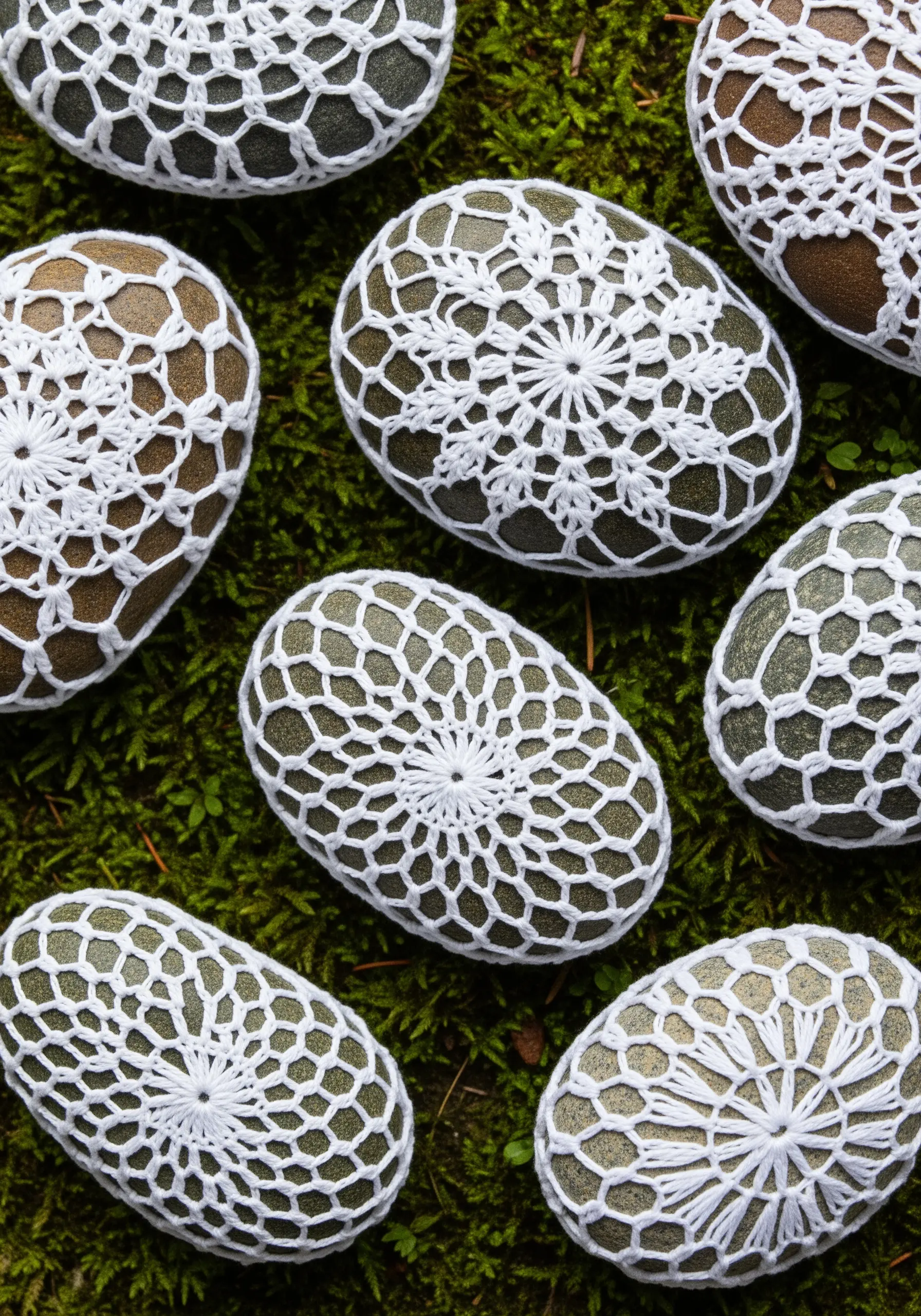River stones covered in delicate white crochet lace patterns