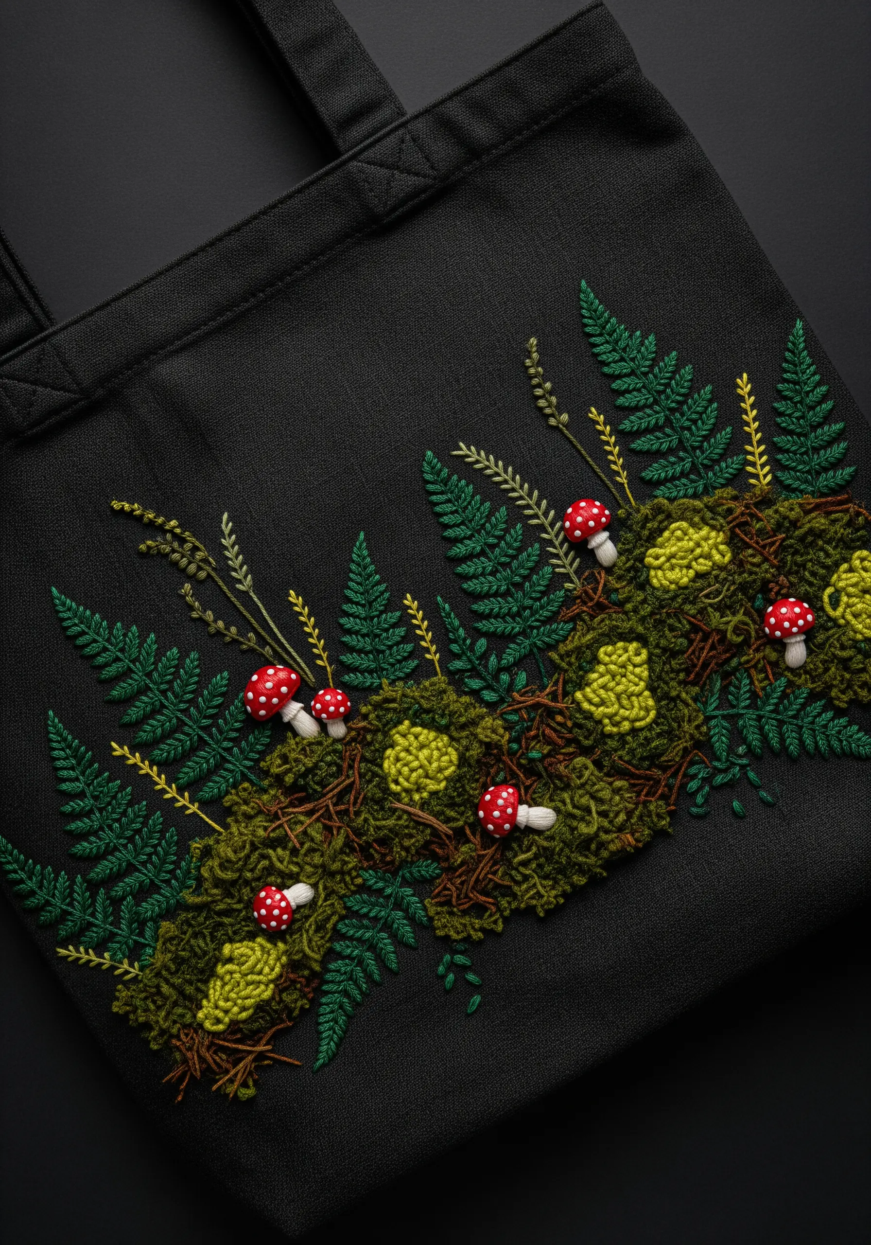 Highly textured embroidery of a forest floor with moss, ferns, and red mushrooms.