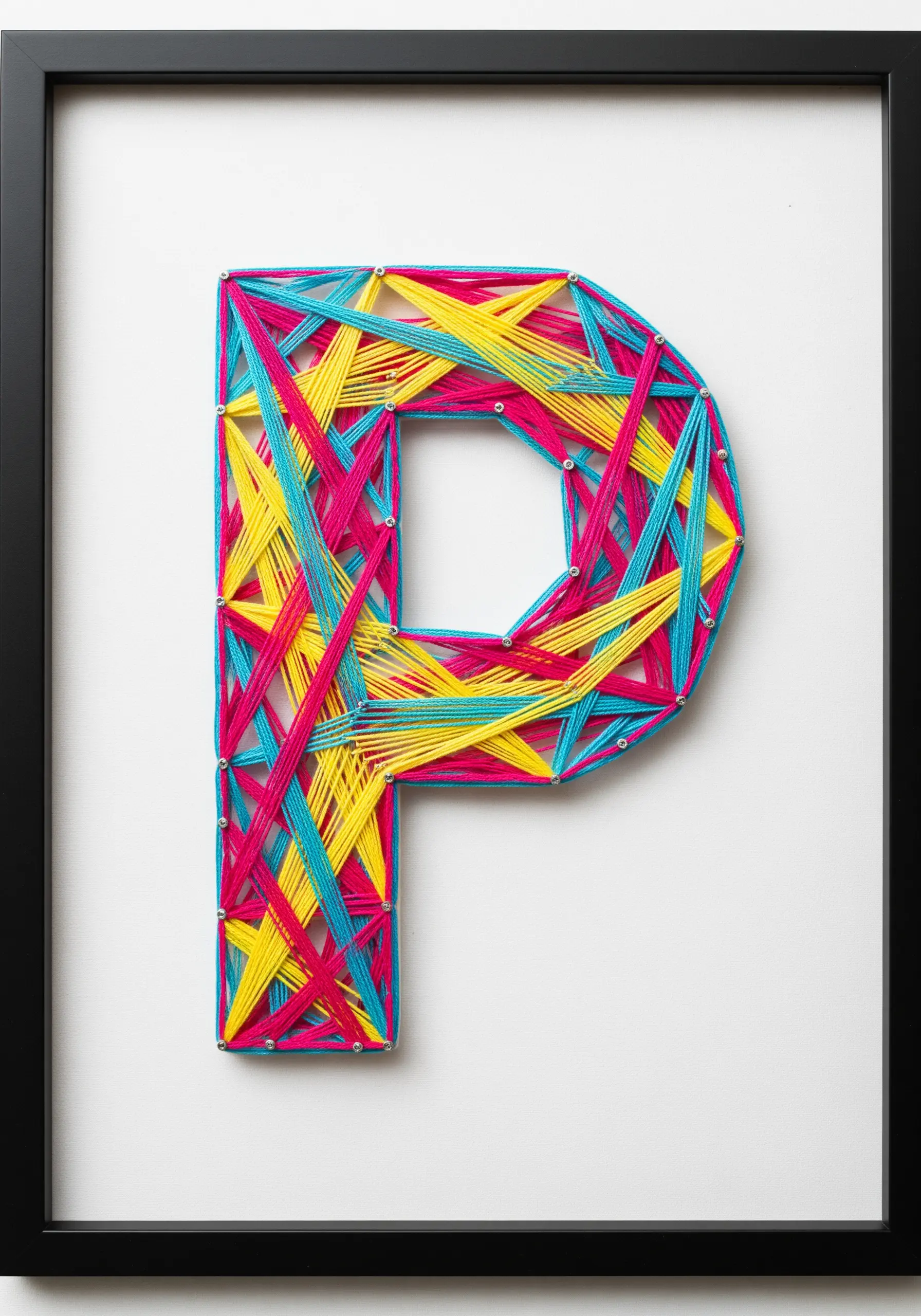 A monogram filled with chaotic, overlapping straight stitches in bright, bold colors.