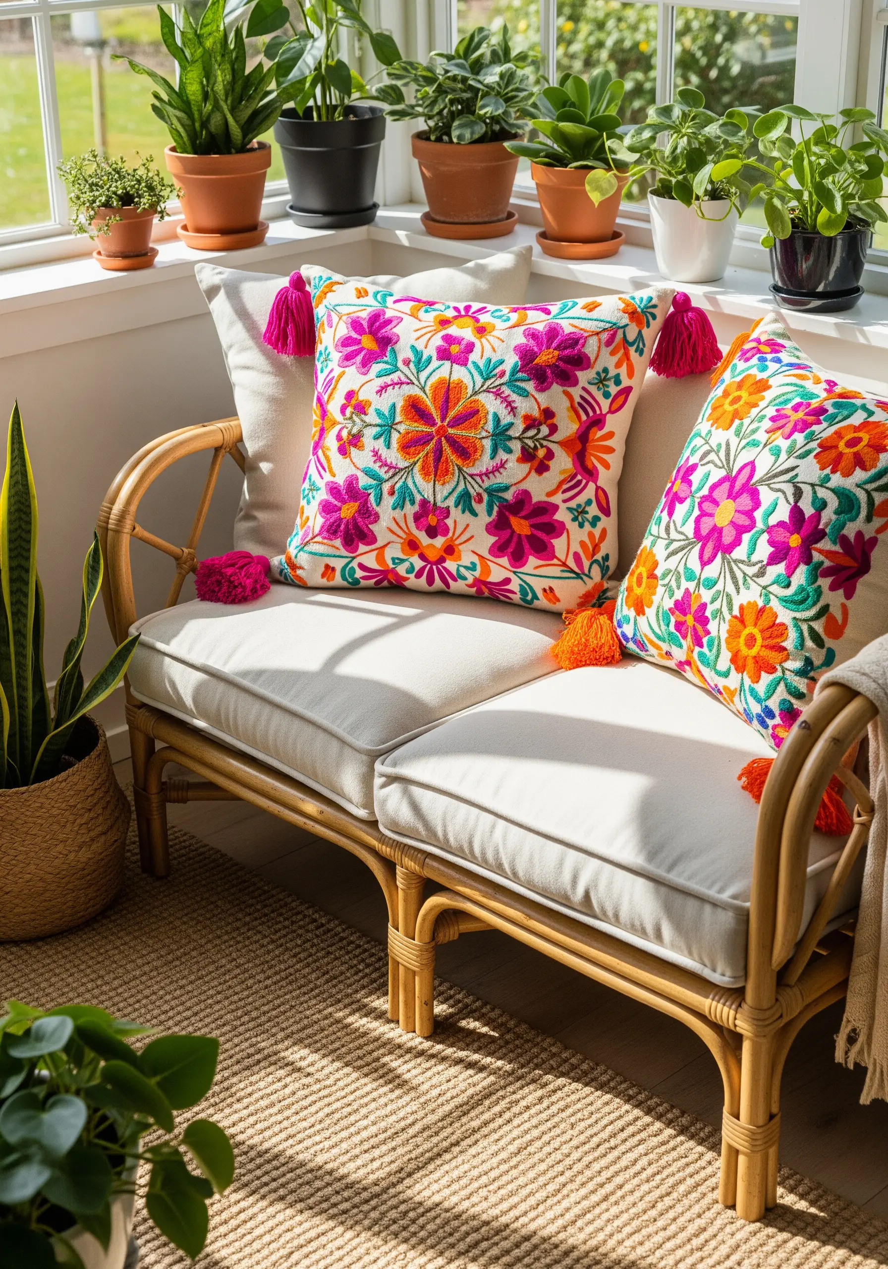 Brightly colored floral embroidery with a dense, textured finish and pink tassels.