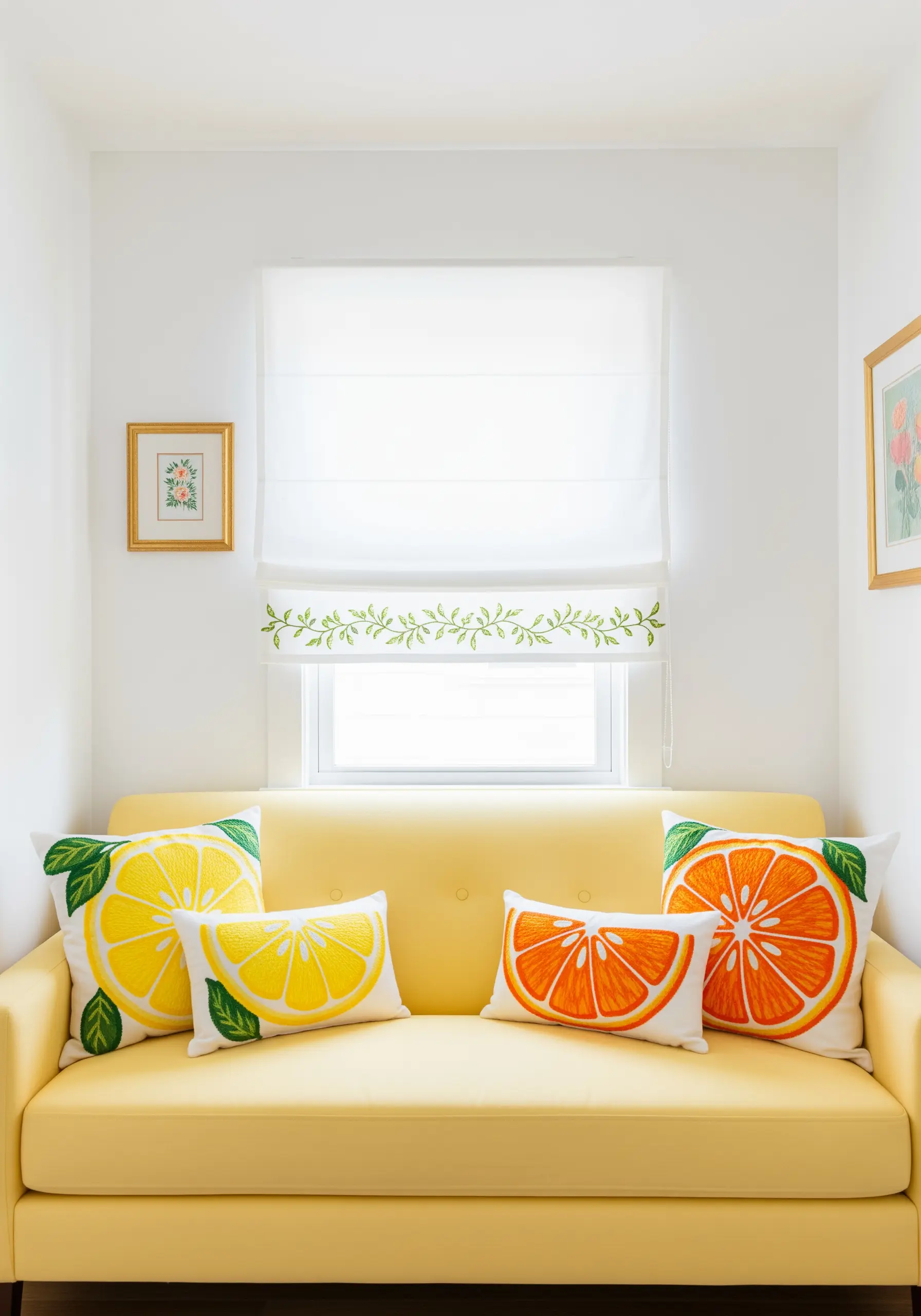 Brightly colored pillows embroidered with large lemon and orange slices on a yellow sofa.