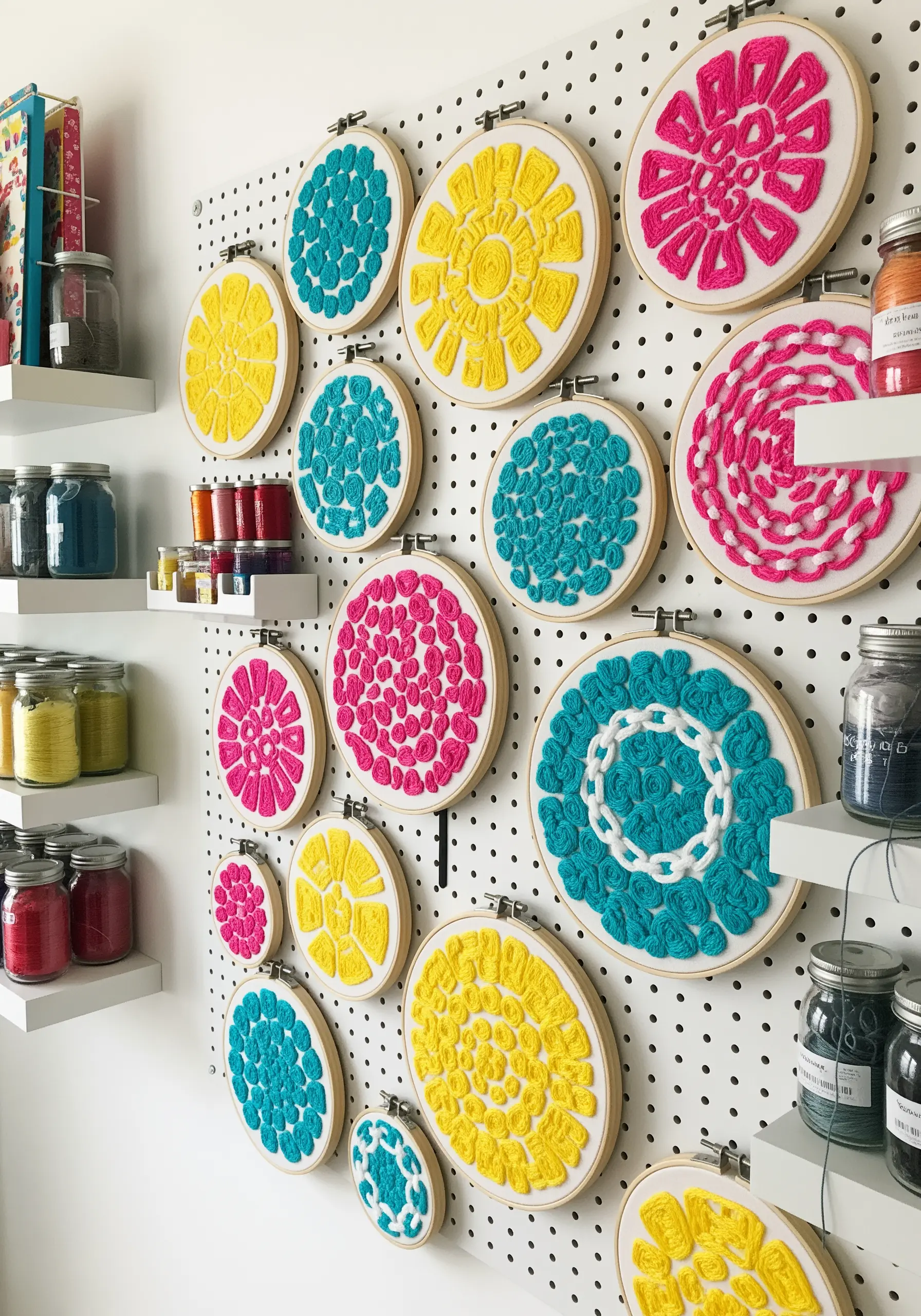 Colorful textured embroidery in hoops using neon pink, yellow, and cyan yarn.