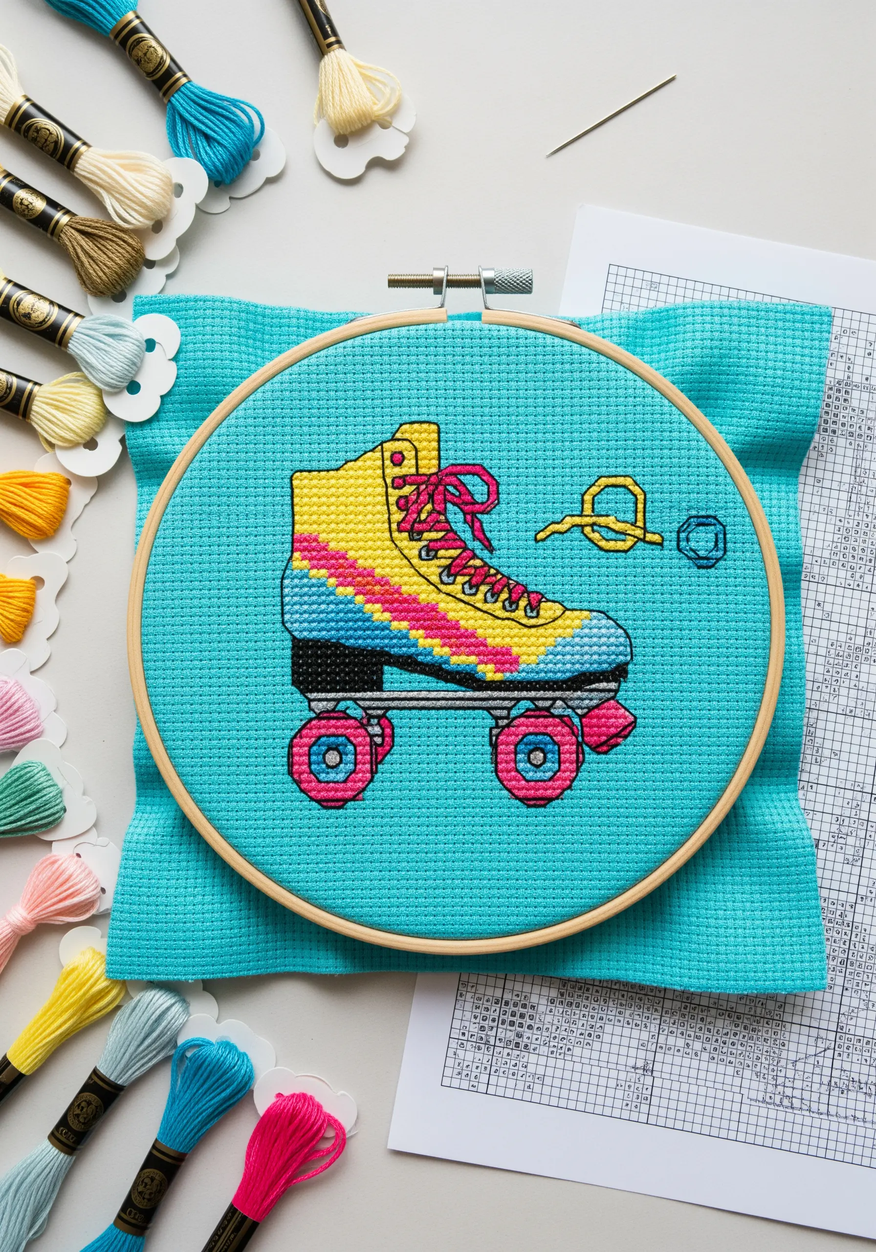 A brightly colored retro roller skate cross-stitched on turquoise Aida fabric.