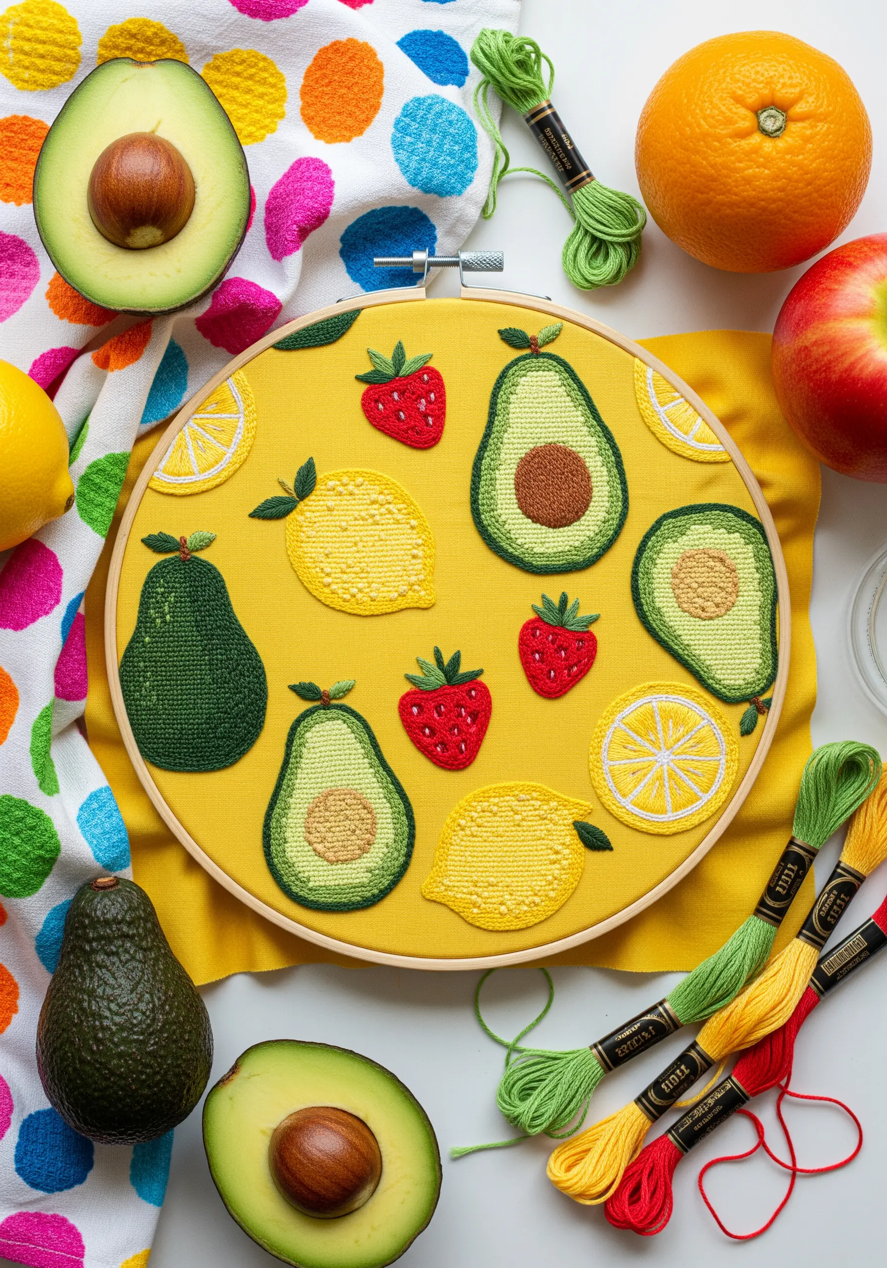 Colorful fruit pattern embroidered on bright yellow fabric using textured fill stitches.