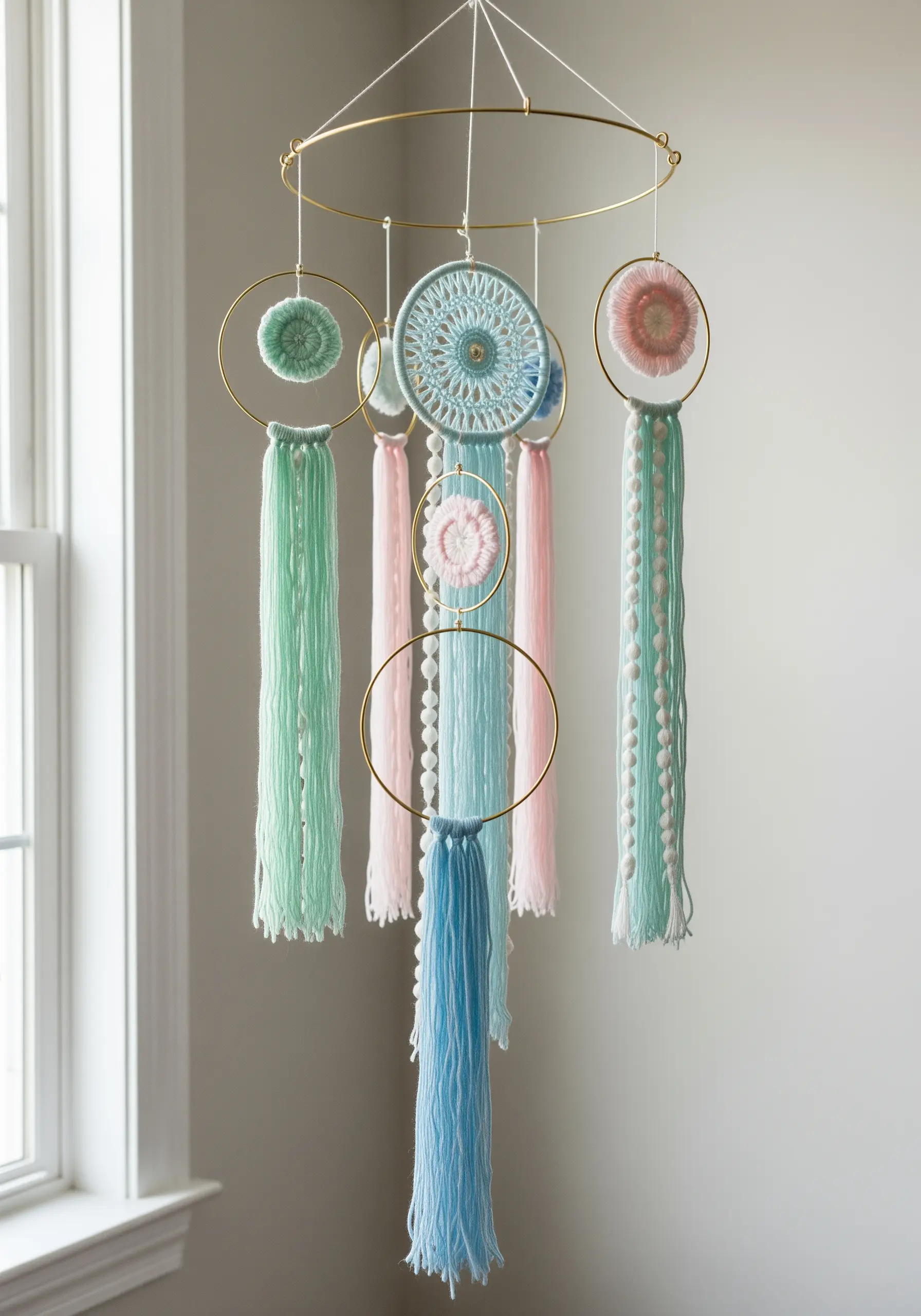A delicate mobile made of gold hoops, pastel yarn tassels, and small woven details.