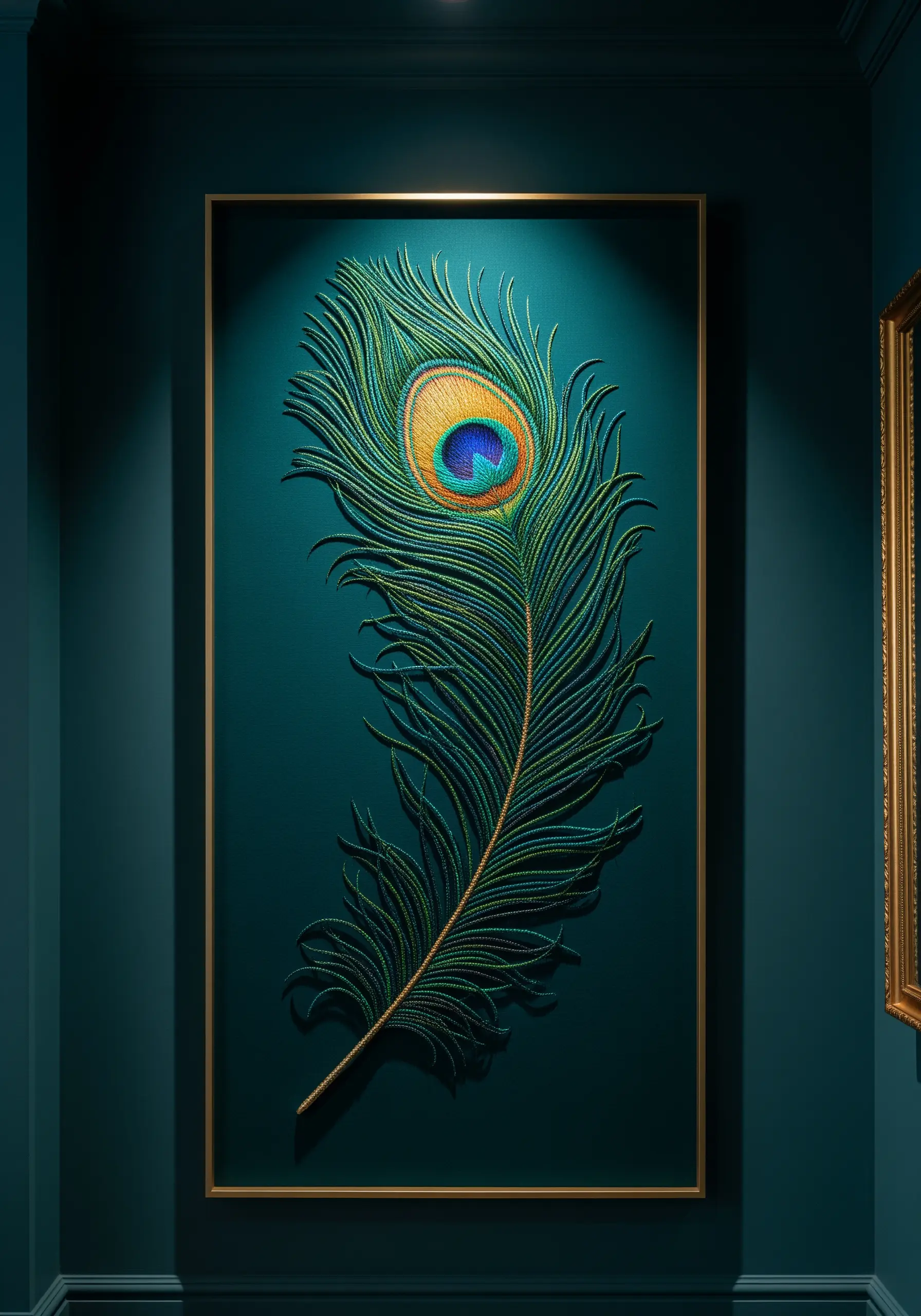 A large, dramatic embroidery of a peacock feather with iridescent threads on a dark wall