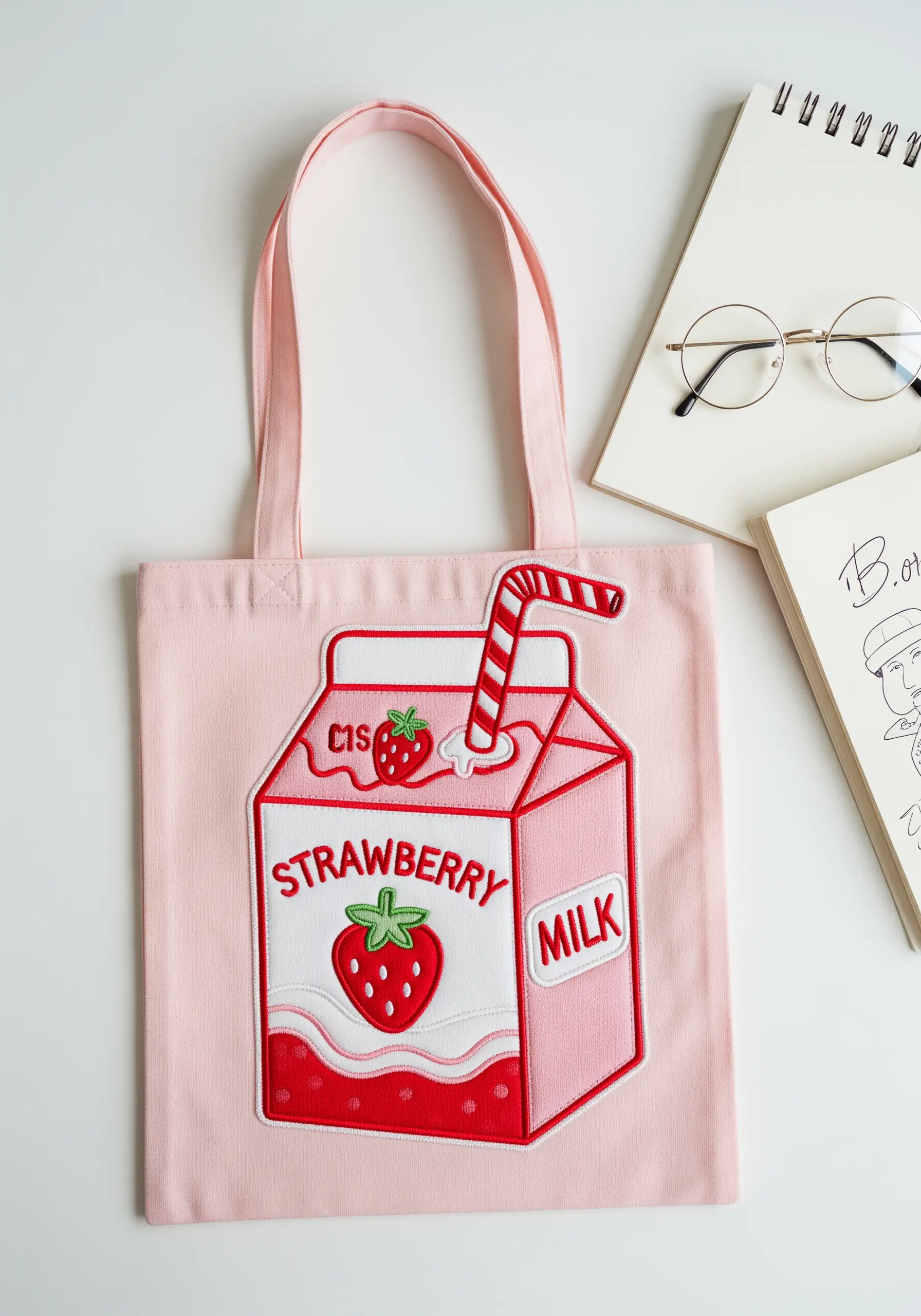 A strawberry milk carton embroidered to look like a graphic, iron-on patch.