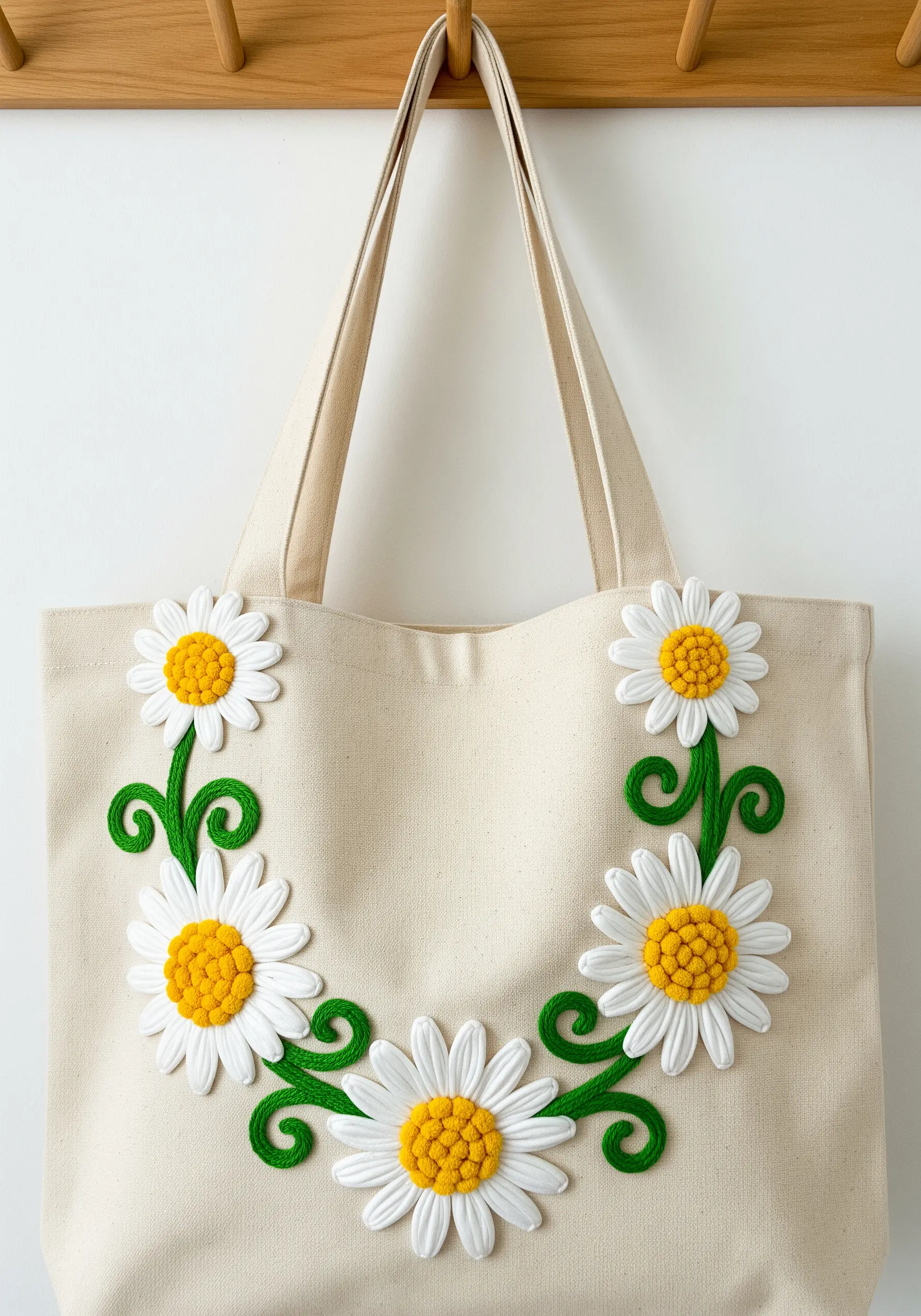 Large, 3D embroidered daisies with yellow centers arranged in a swirling garland on a canvas tote bag.