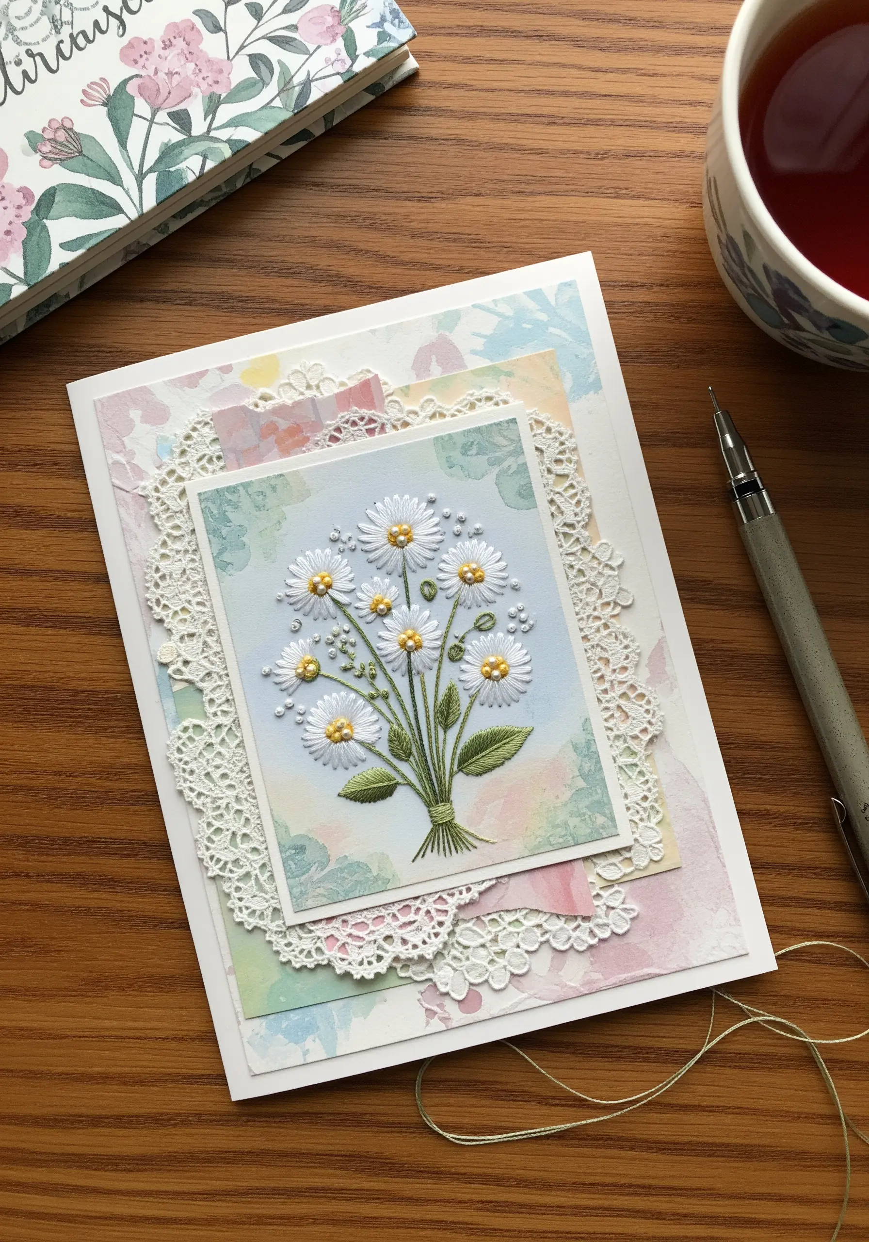 Hand-embroidered daisy bouquet on paper using lazy daisy stitches and yellow French knots.