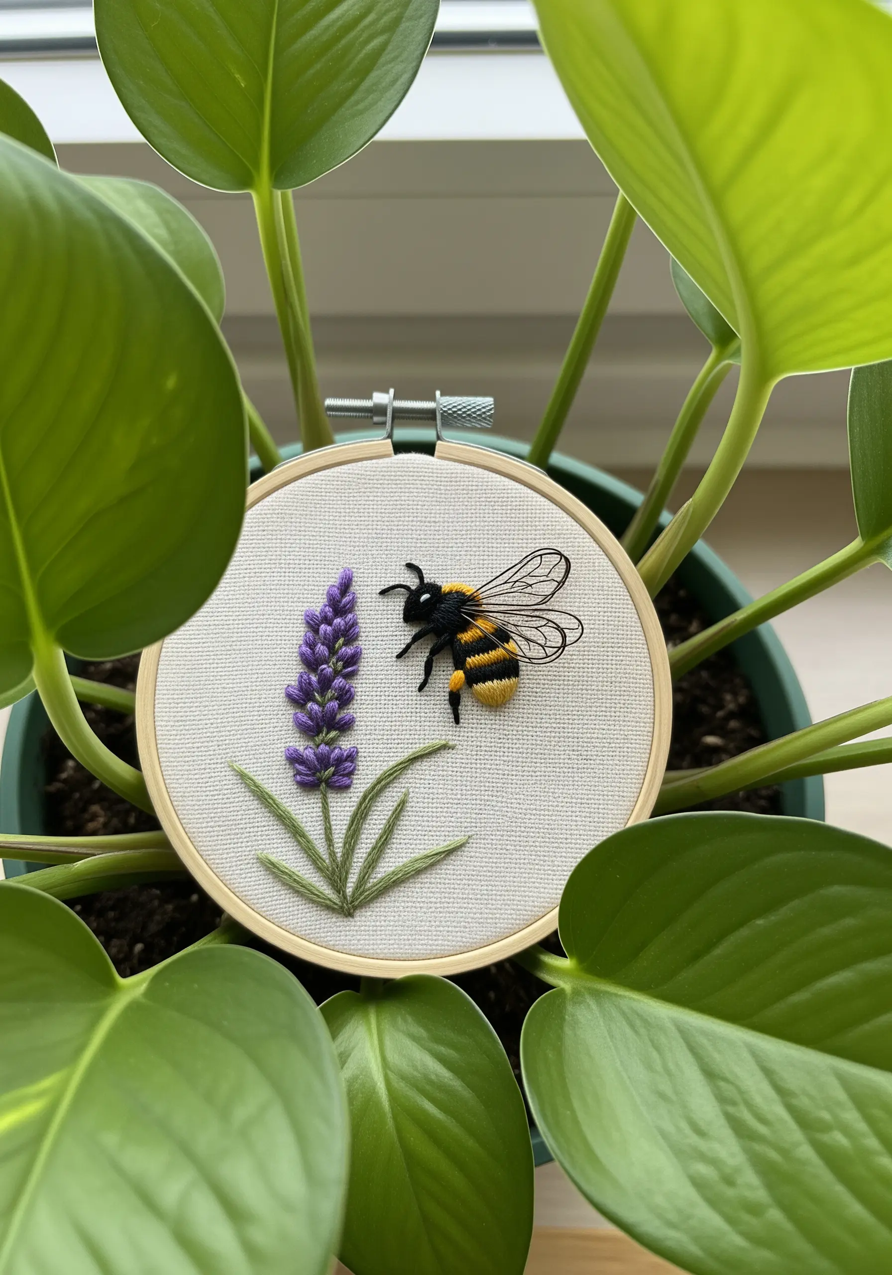 3D embroidered bee with fuzzy body and organza wings next to lavender.
