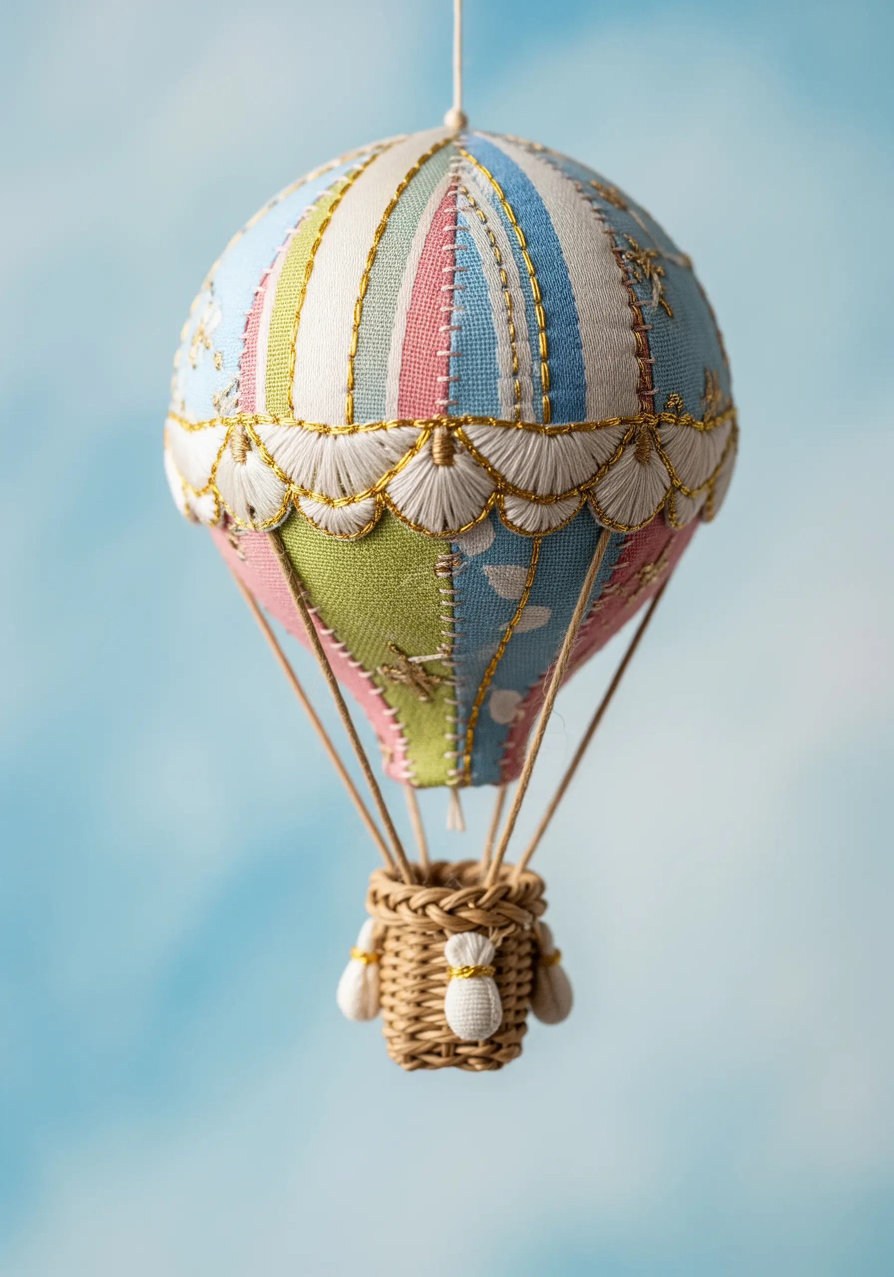 A 3D hot air balloon ornament made from embroidered fabric panels with a tiny basket.