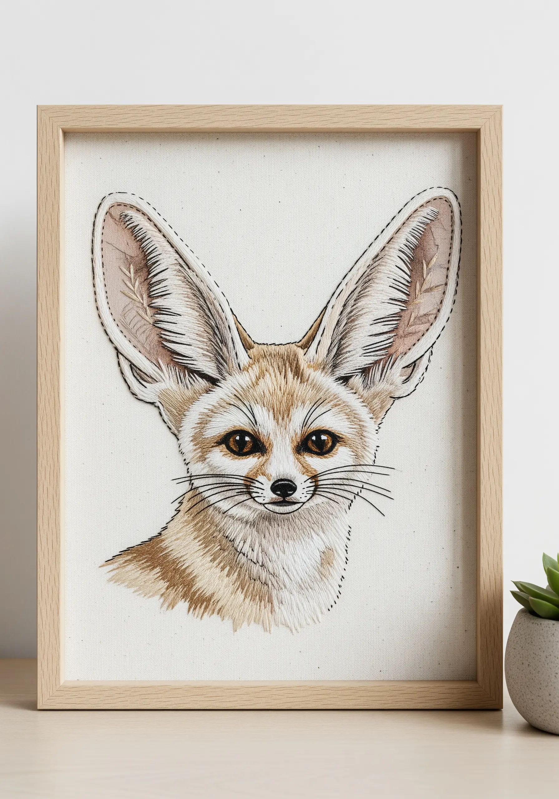 A fennec fox portrait with a painted fabric base enhanced with fine line embroidery details.