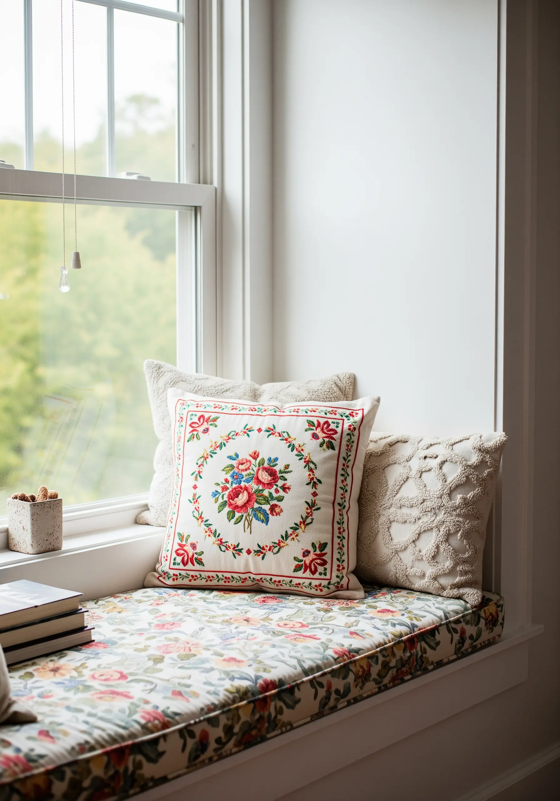 A cozy window seat with a floral cushion and layered embroidered pillows.