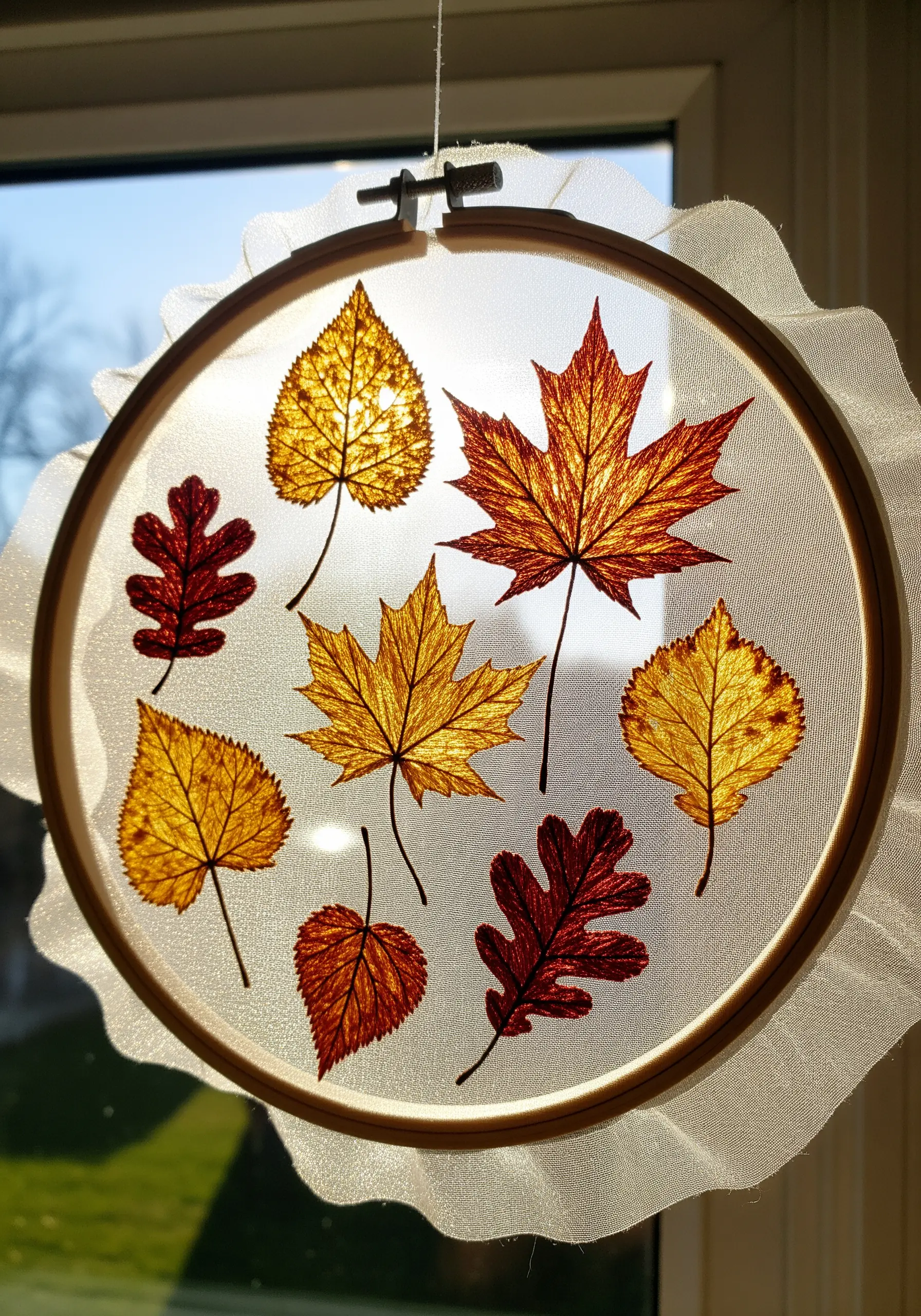 Pressed autumn leaves arranged on sheer fabric in a hoop, backlit by a window.