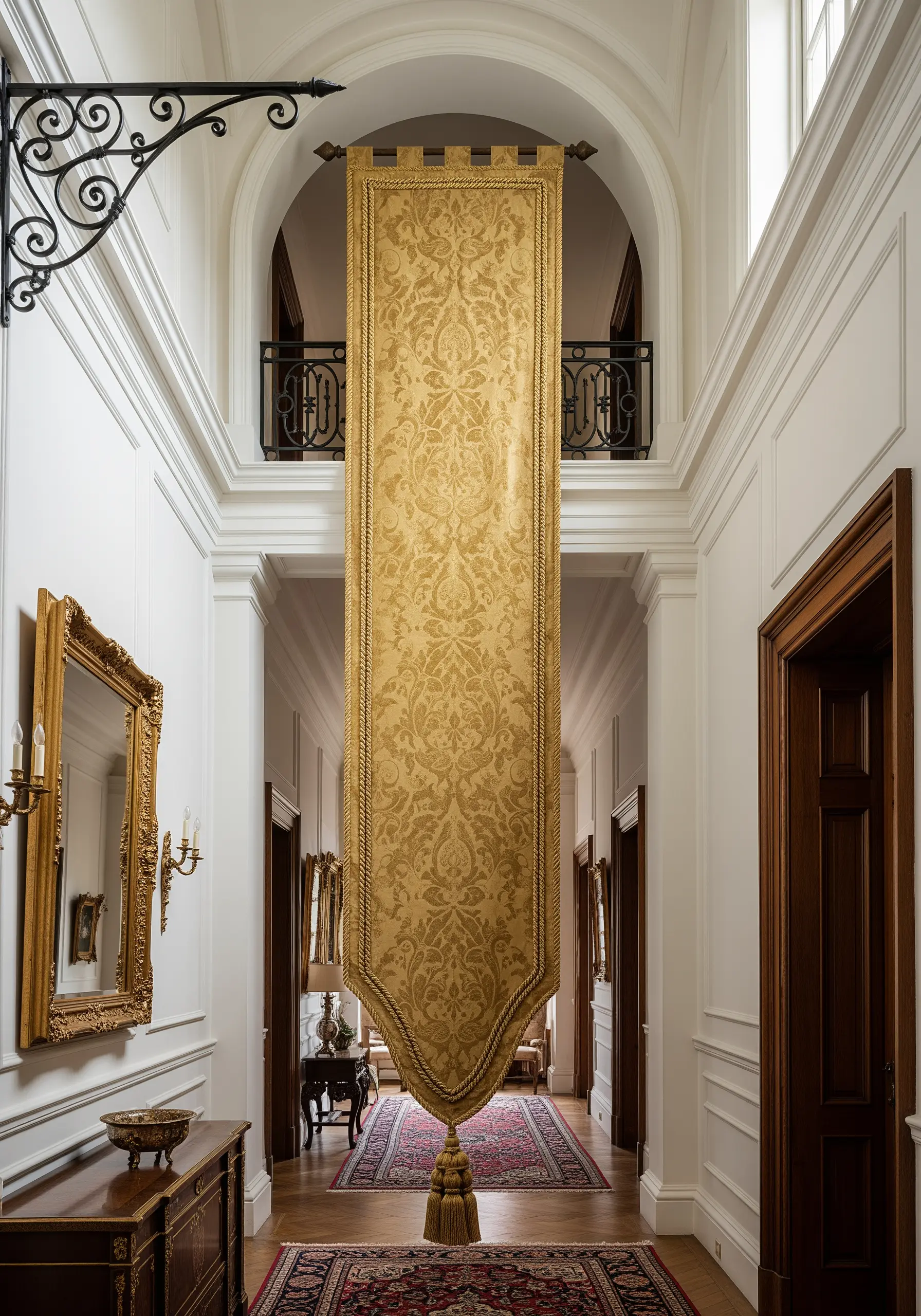 A grand, floor-length banner made from gold damask fabric with a subtle sheen.