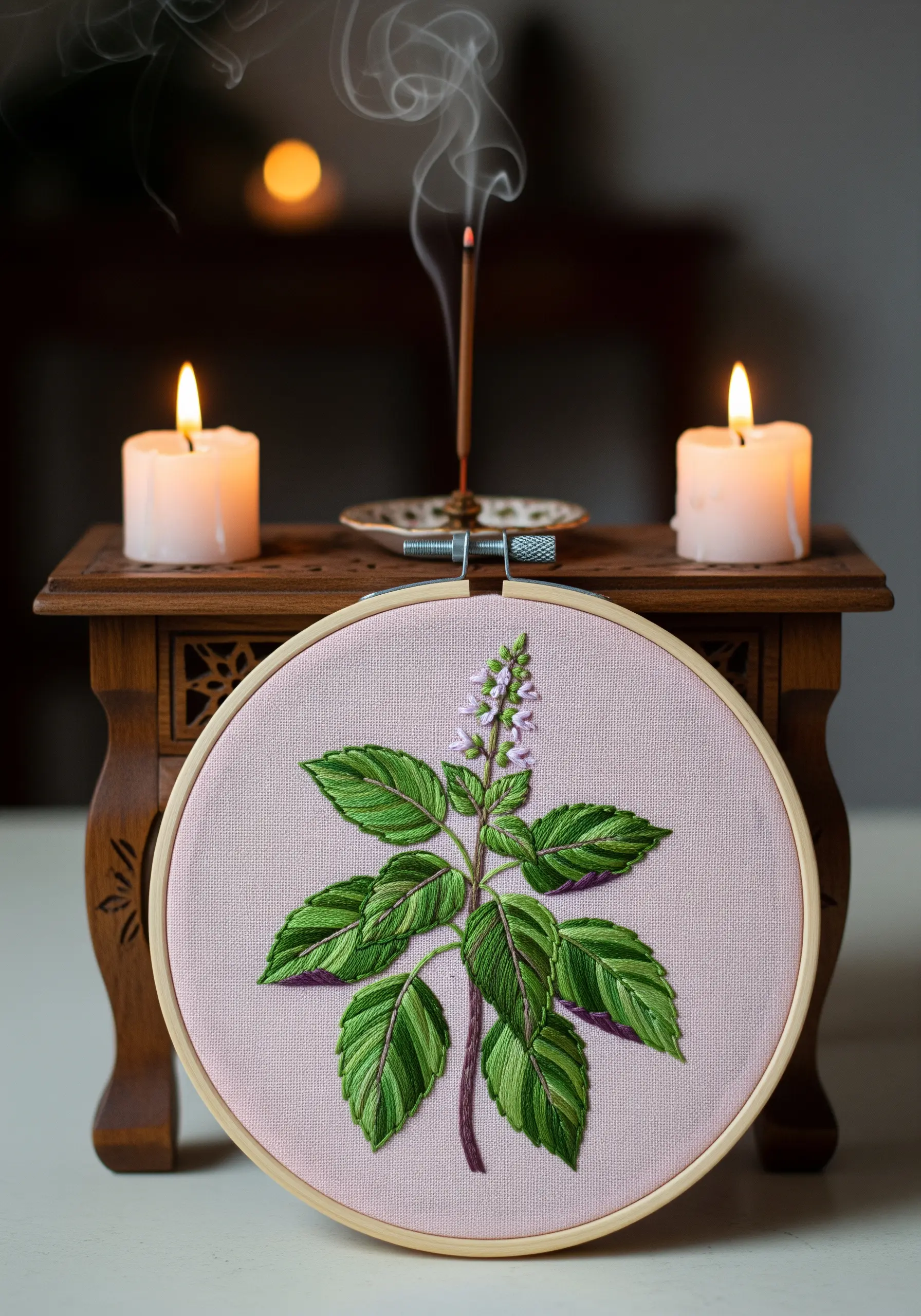 Holy Basil (Tulsi) embroidered with thread-painted leaves on a soft pink fabric.
