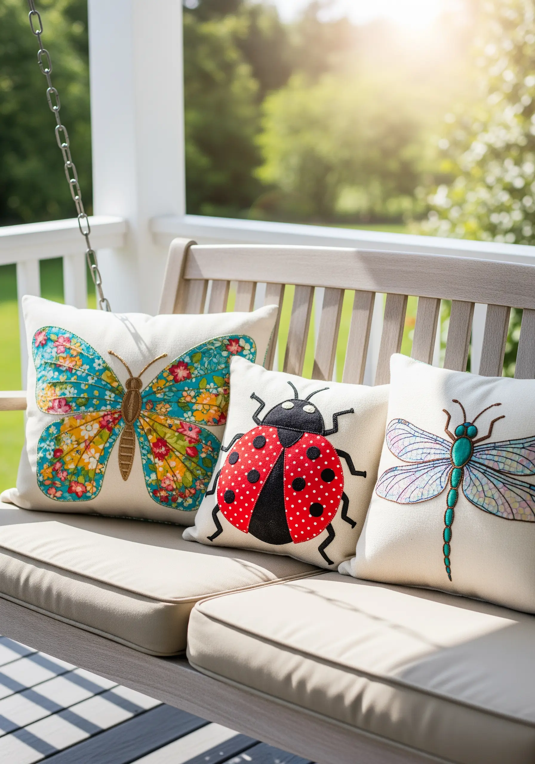 Outdoor pillows with large appliqué designs of a butterfly, ladybug, and dragonfly.