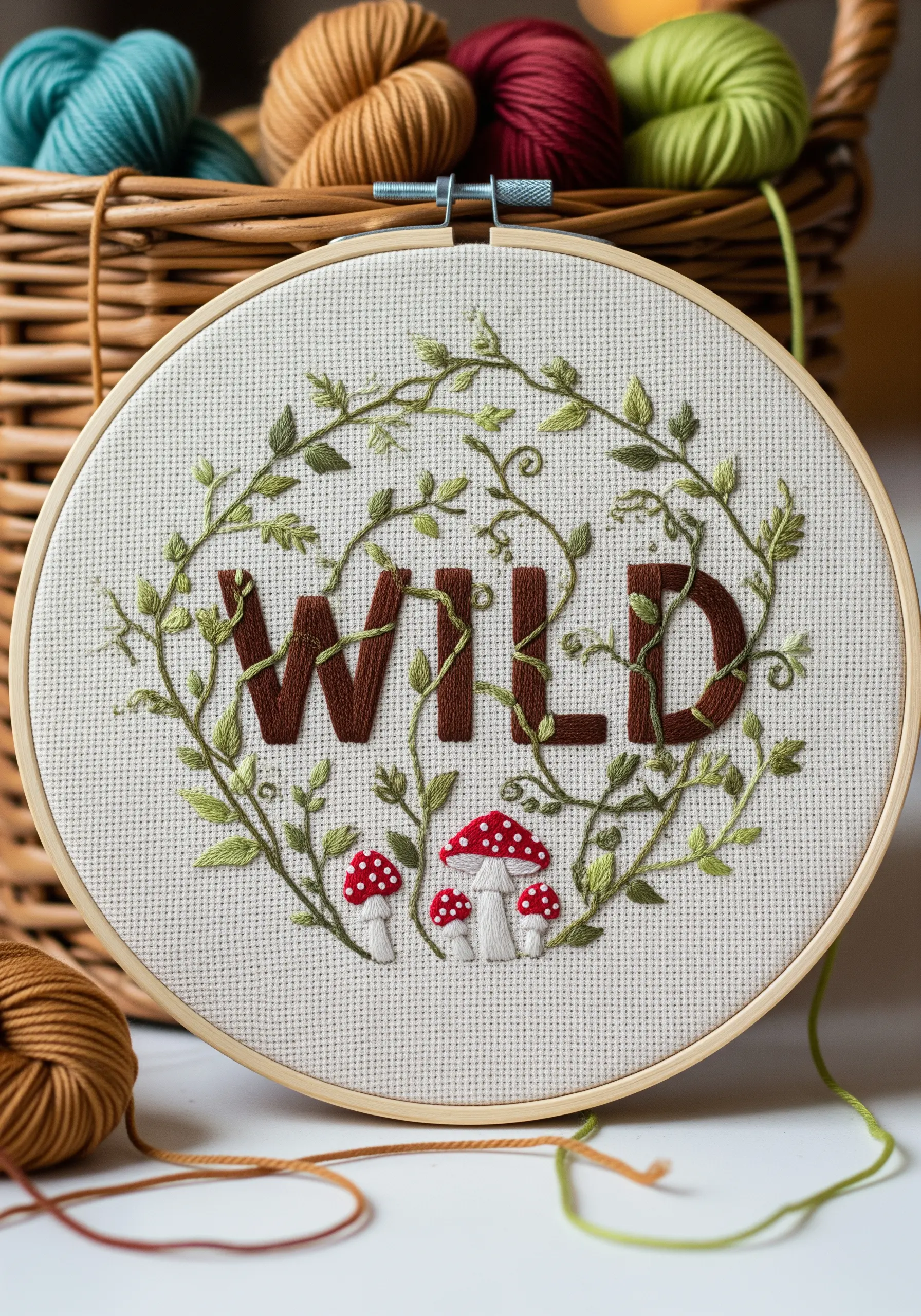 The word WILD embroidered with vines wrapping around the letters