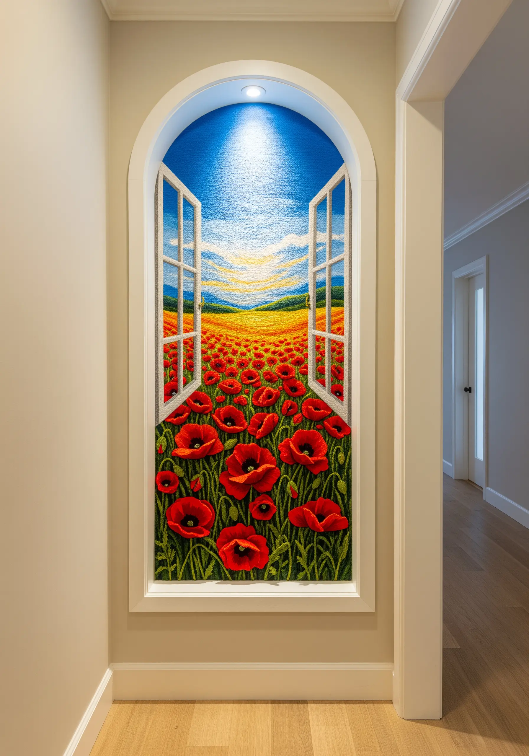 An embroidered poppy field seen through an open window frame in an arched hallway niche.
