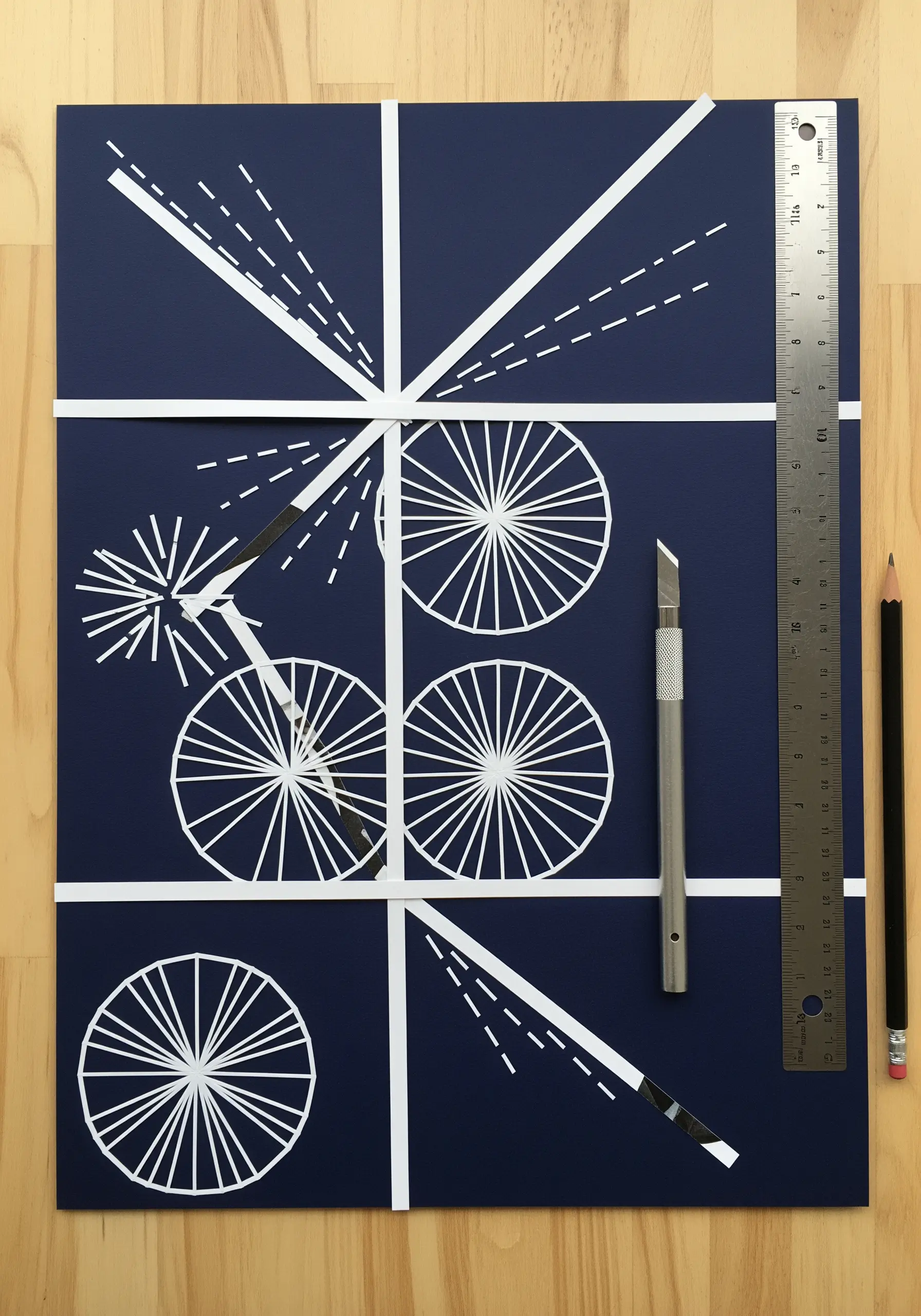 Geometric line art of bicycle wheels made from white paper cutouts on a dark blue background.