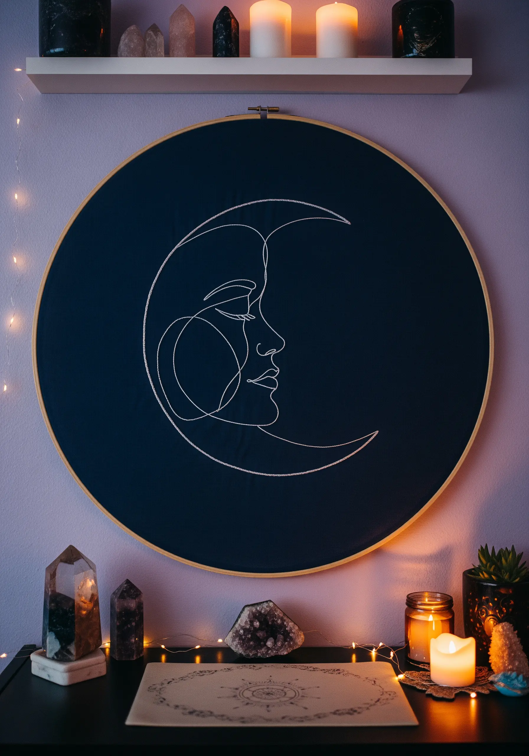 A single-line portrait of a face within a crescent moon, stitched in white on navy fabric.