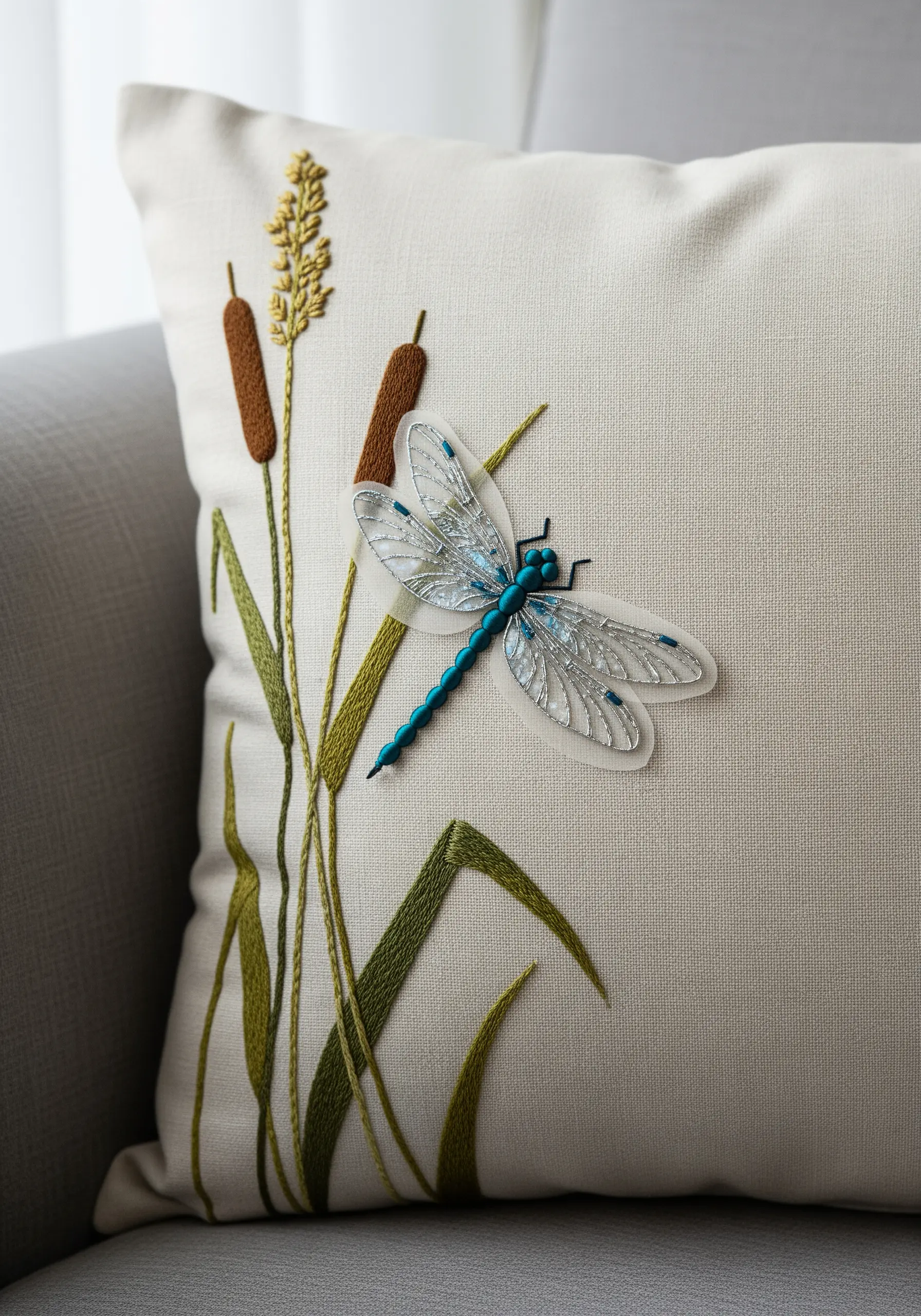 3D dragonfly with sheer organza wings stitched onto a neutral cushion with cattails.