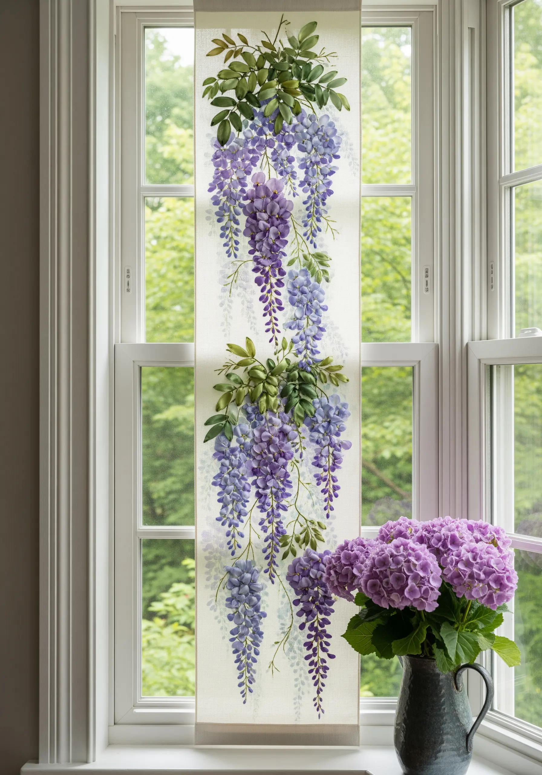 A sheer window hanging with delicate wisteria flowers created with purple ribbon embroidery.