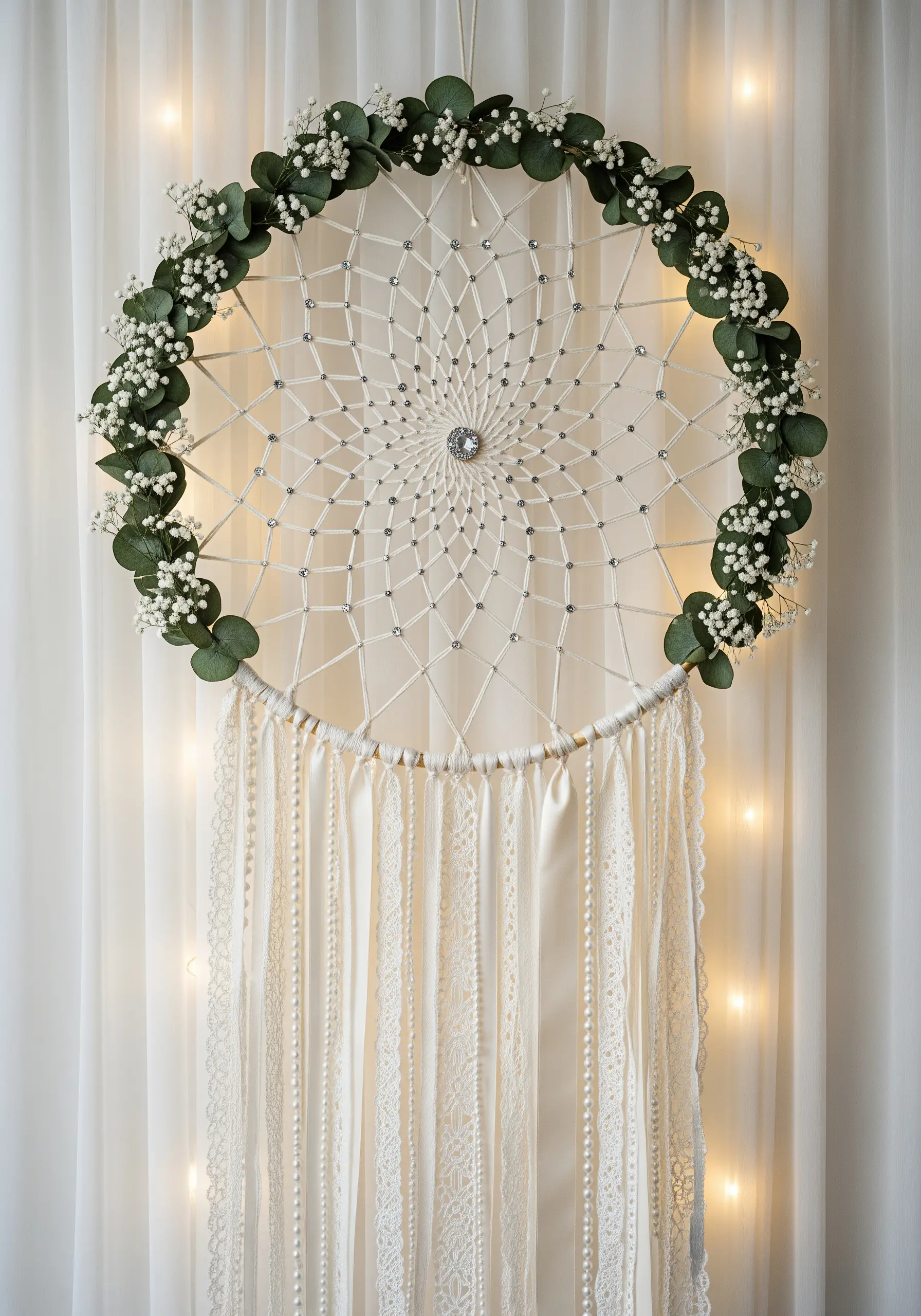 Large white dreamcatcher with a beaded web, lace ribbons, and a eucalyptus wreath.
