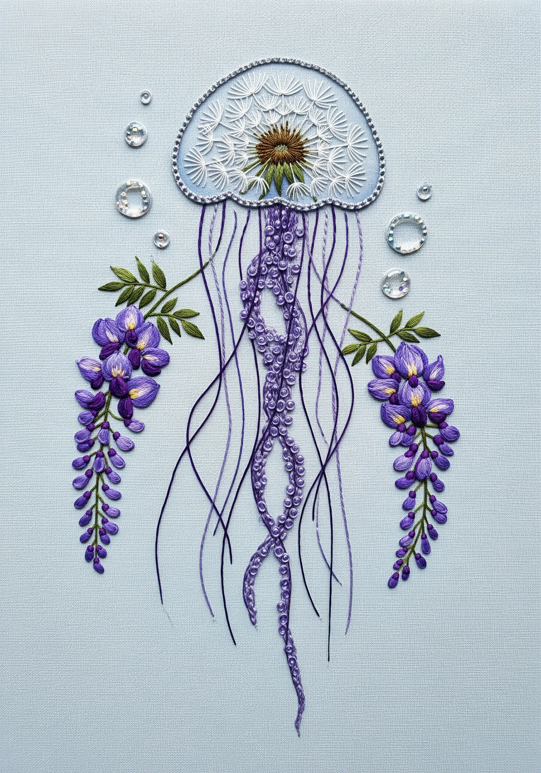A delicate embroidered jellyfish with a dandelion-like bell and wisteria flowers as tentacles.