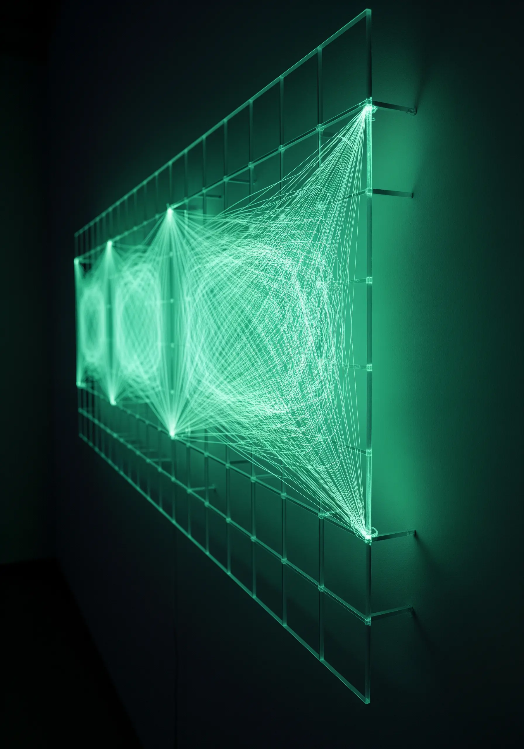 Glowing green threads stretched across a clear acrylic grid in a dark room.