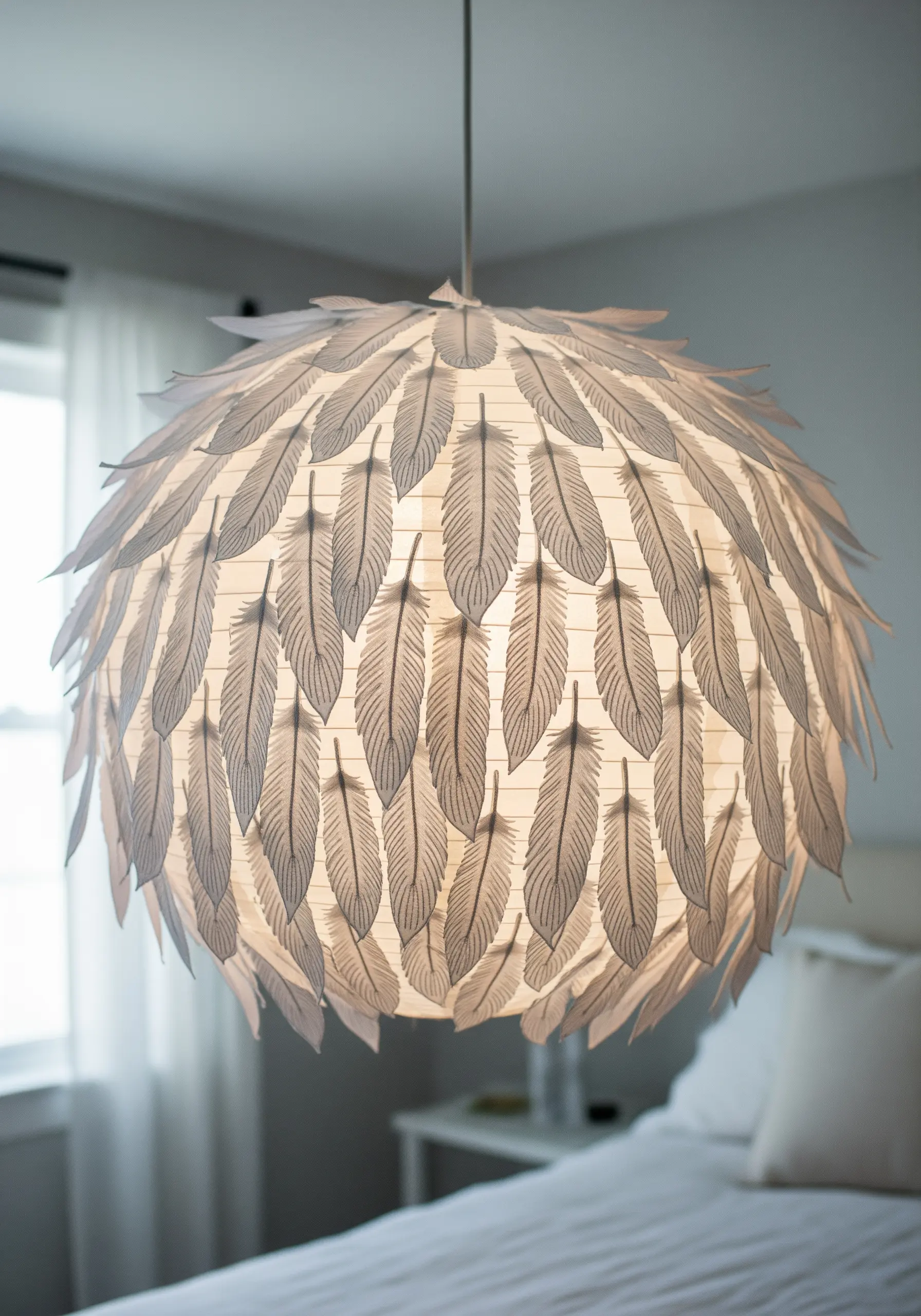 A spherical pendant light covered in layers of white paper feathers detailed with stitching.
