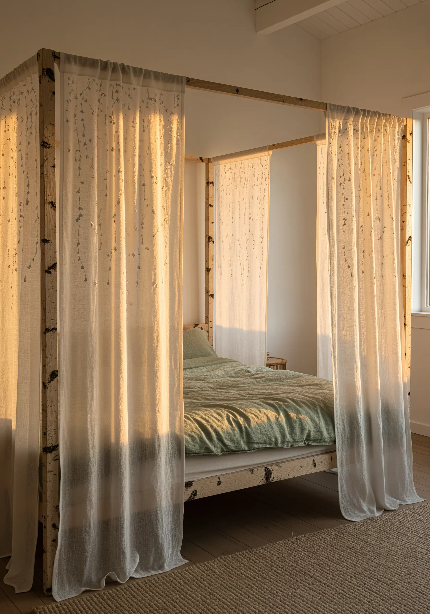 Delicate grey embroidery of falling vines on sheer, sunlit bed curtains.