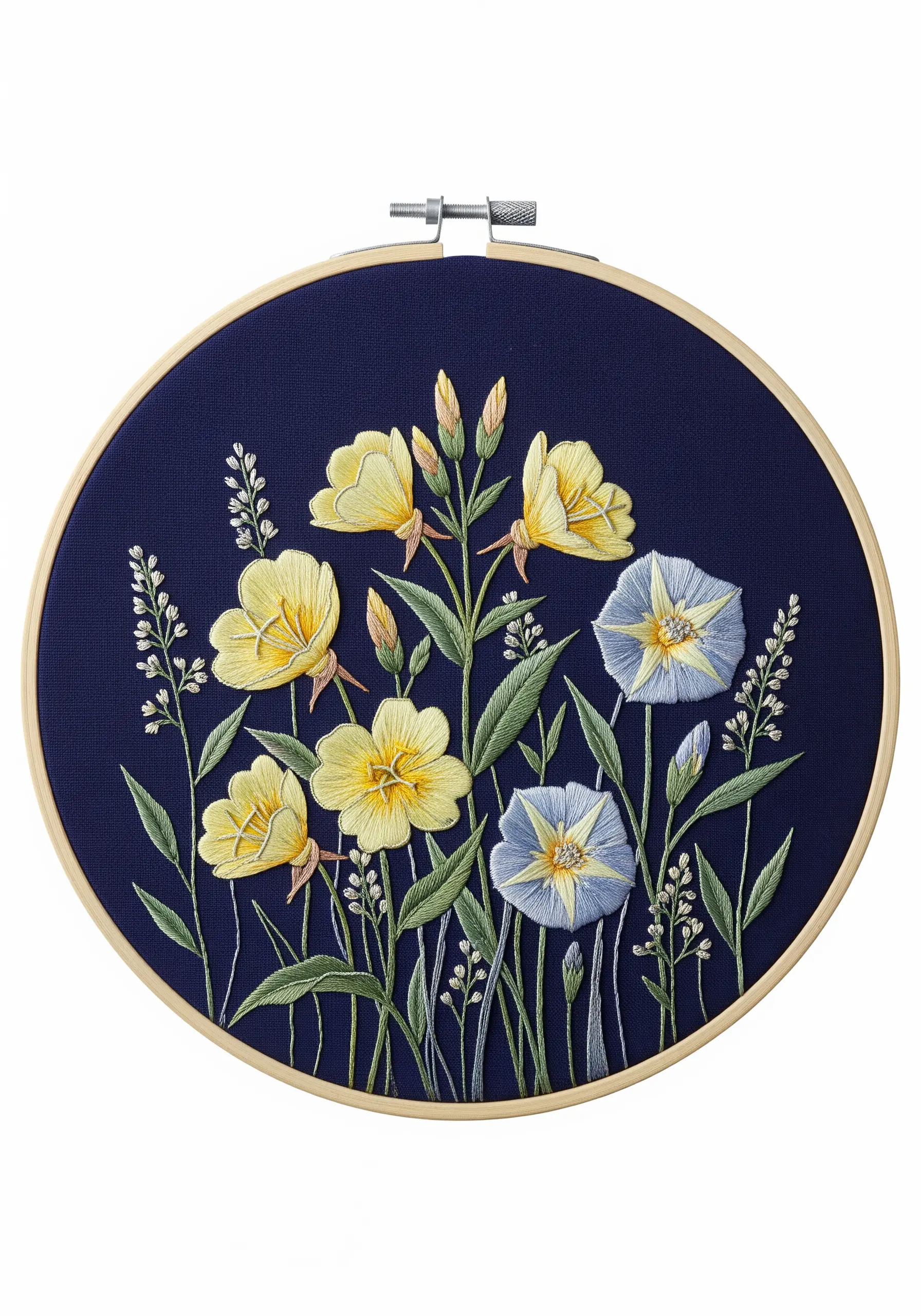 Embroidered yellow and blue wildflowers on a dark blue fabric background.
