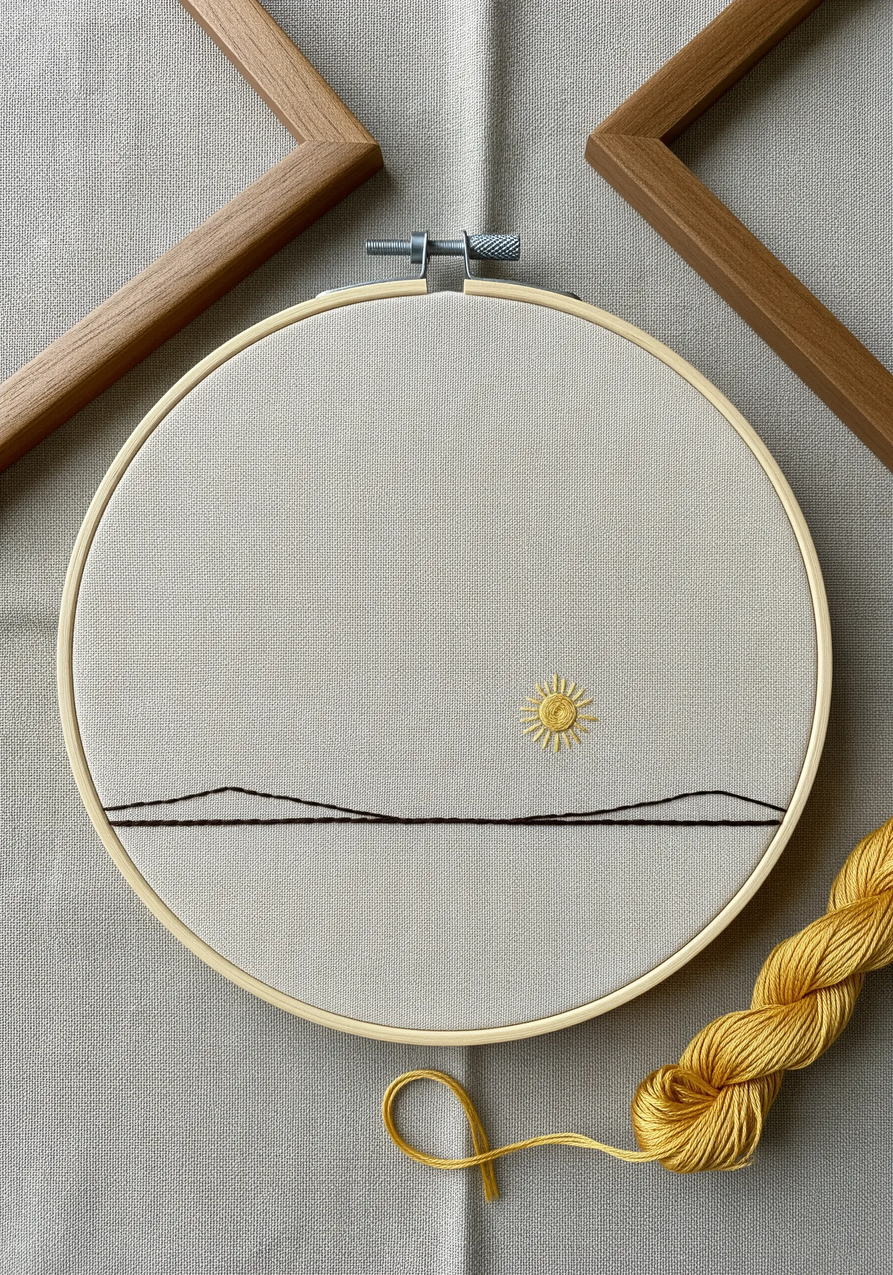 A minimalist landscape with a simple horizon line and a small yellow sun.