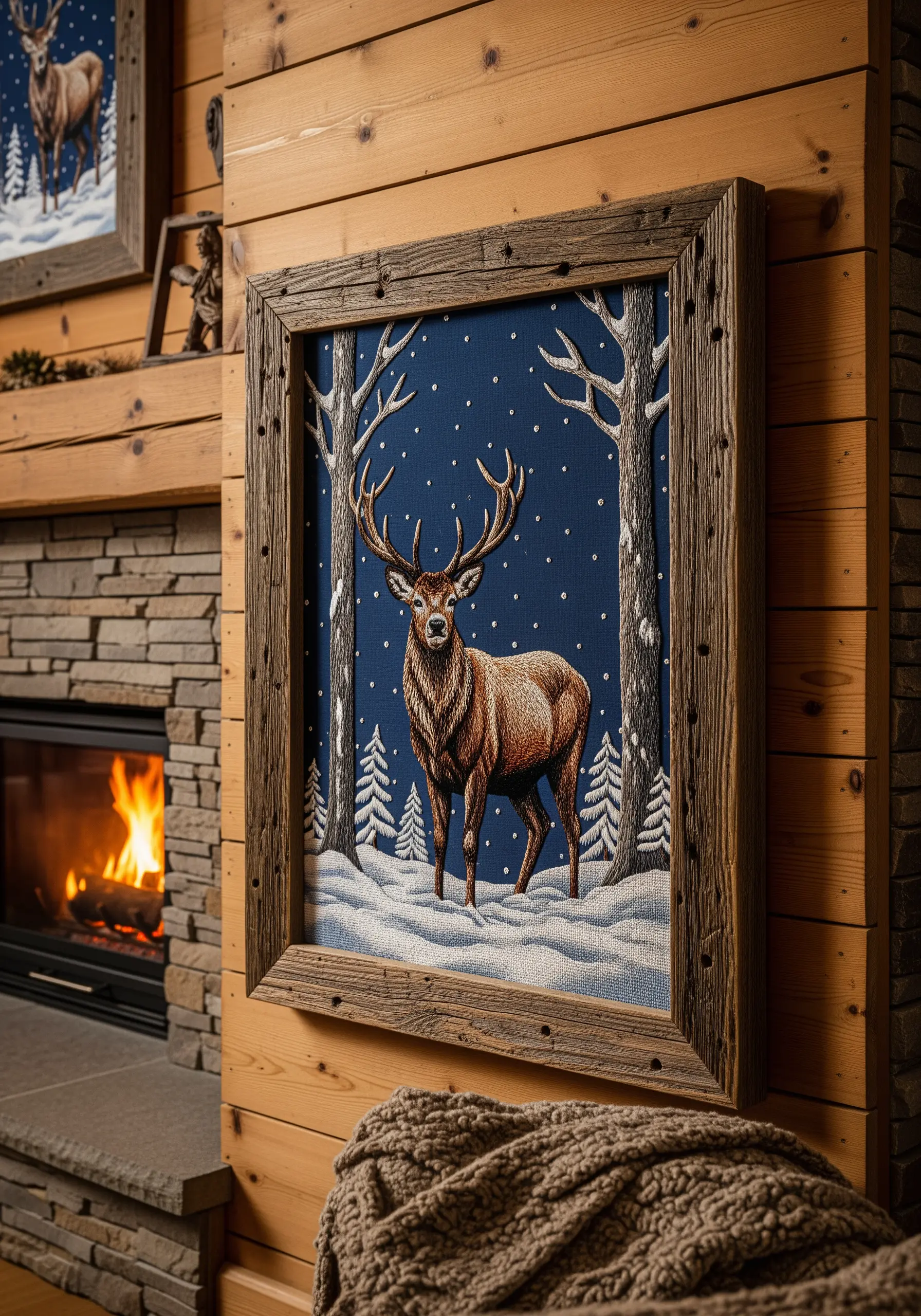 Embroidery of a majestic deer in a snowy forest, displayed in a rustic wooden frame.