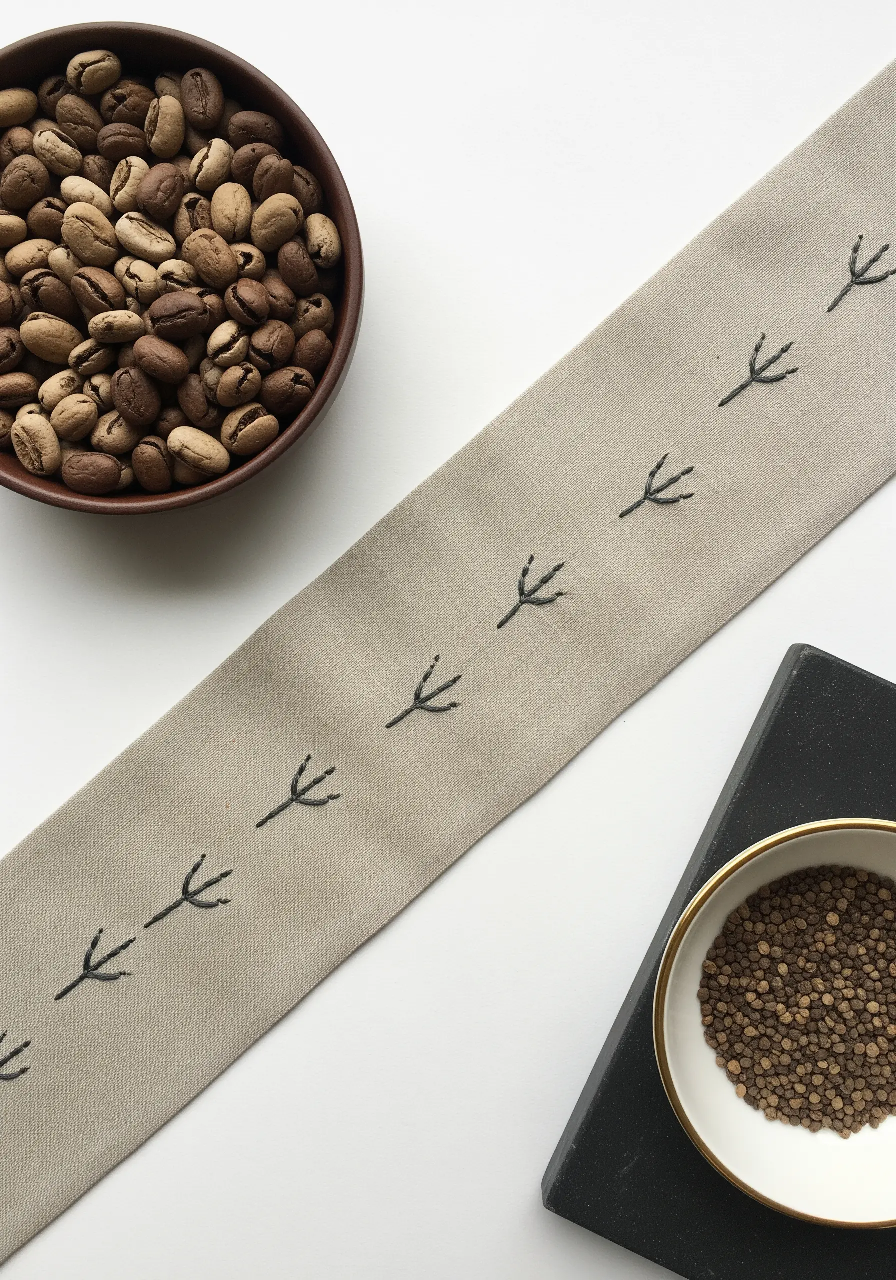 A simple line of embroidered bird footprints stitched in black on a long linen table runner.