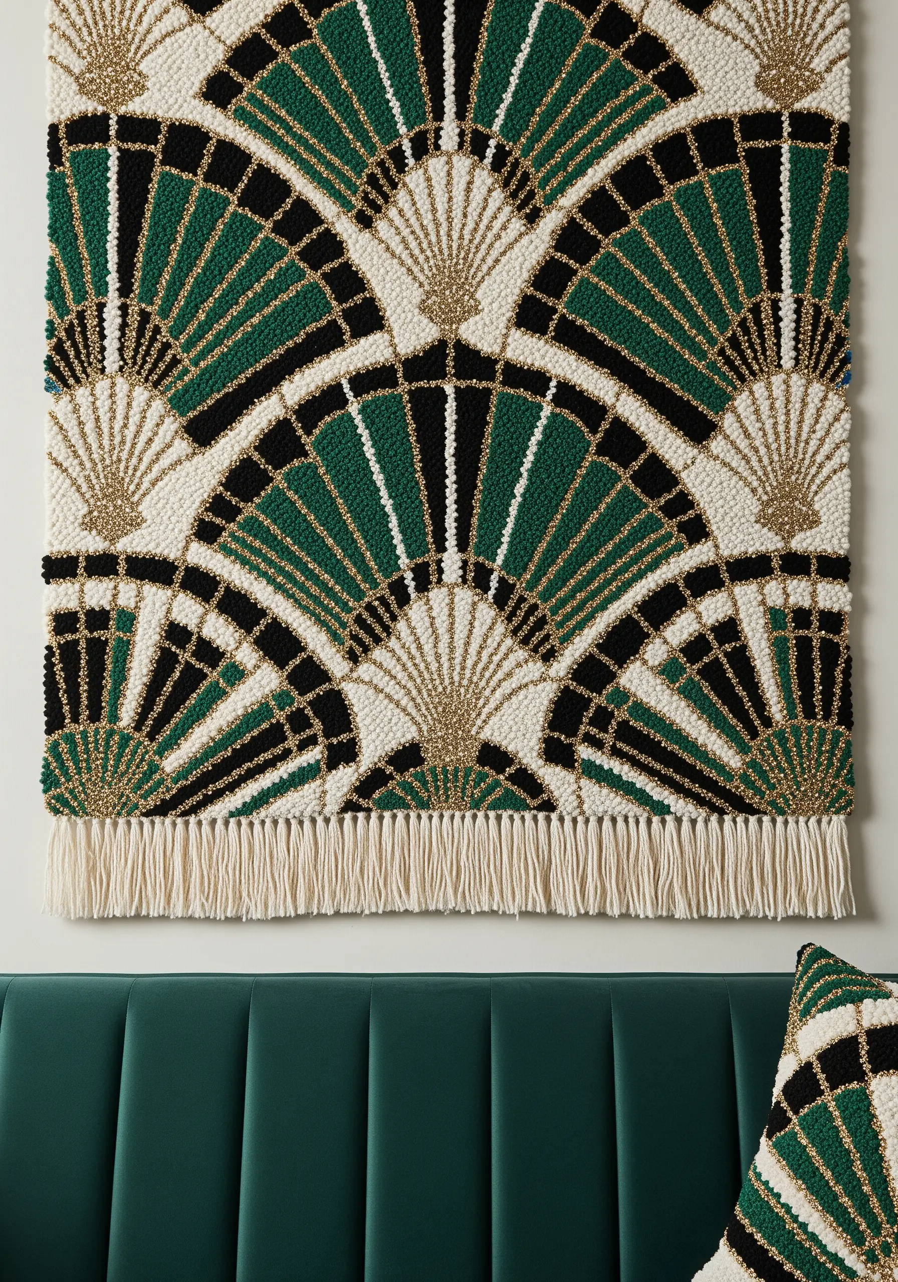 Art Deco-style punch needle wall art with green and black fans outlined in gold metallic yarn.