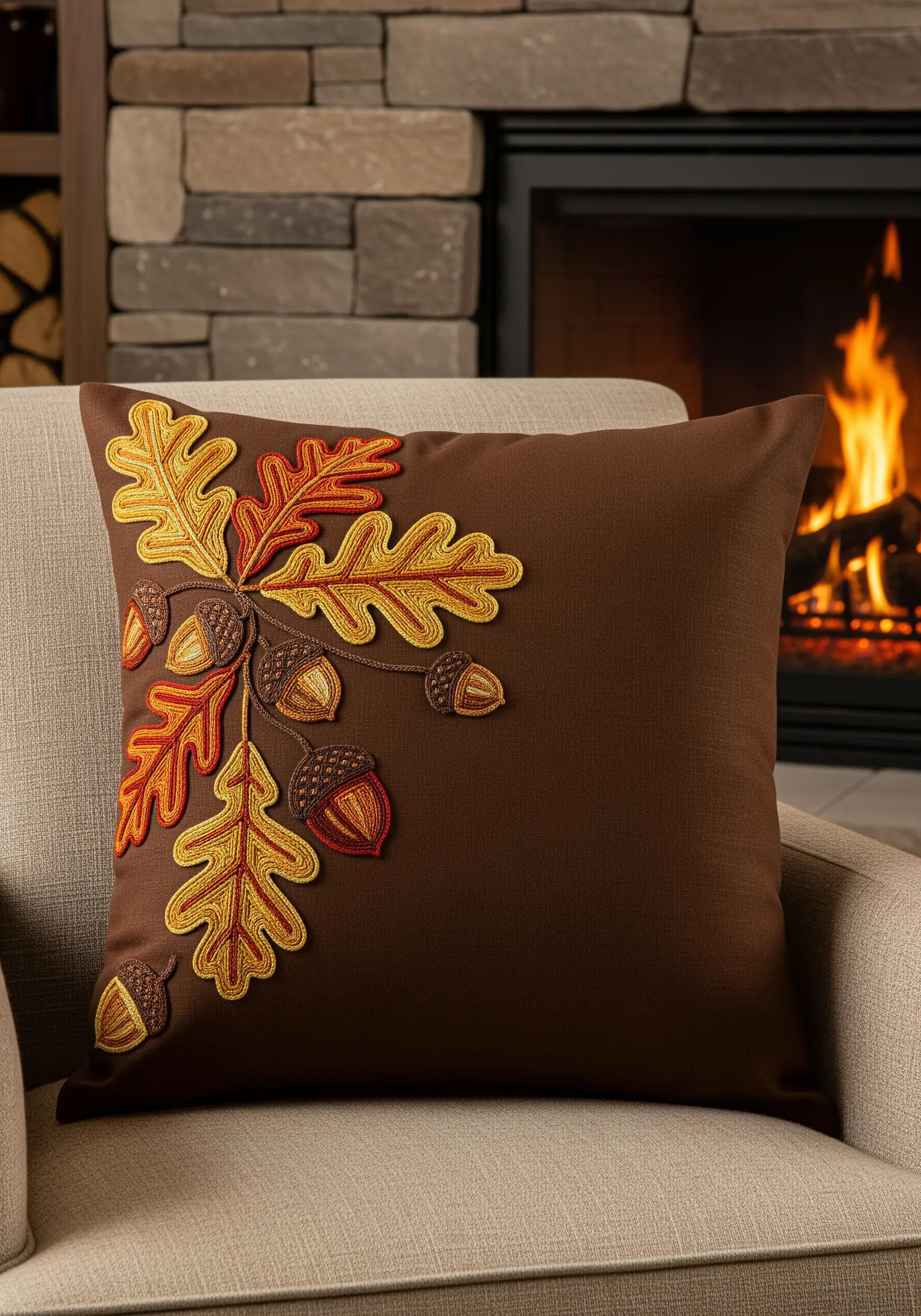 Autumnal oak leaves and acorns with bold outlines on a dark brown pillow.