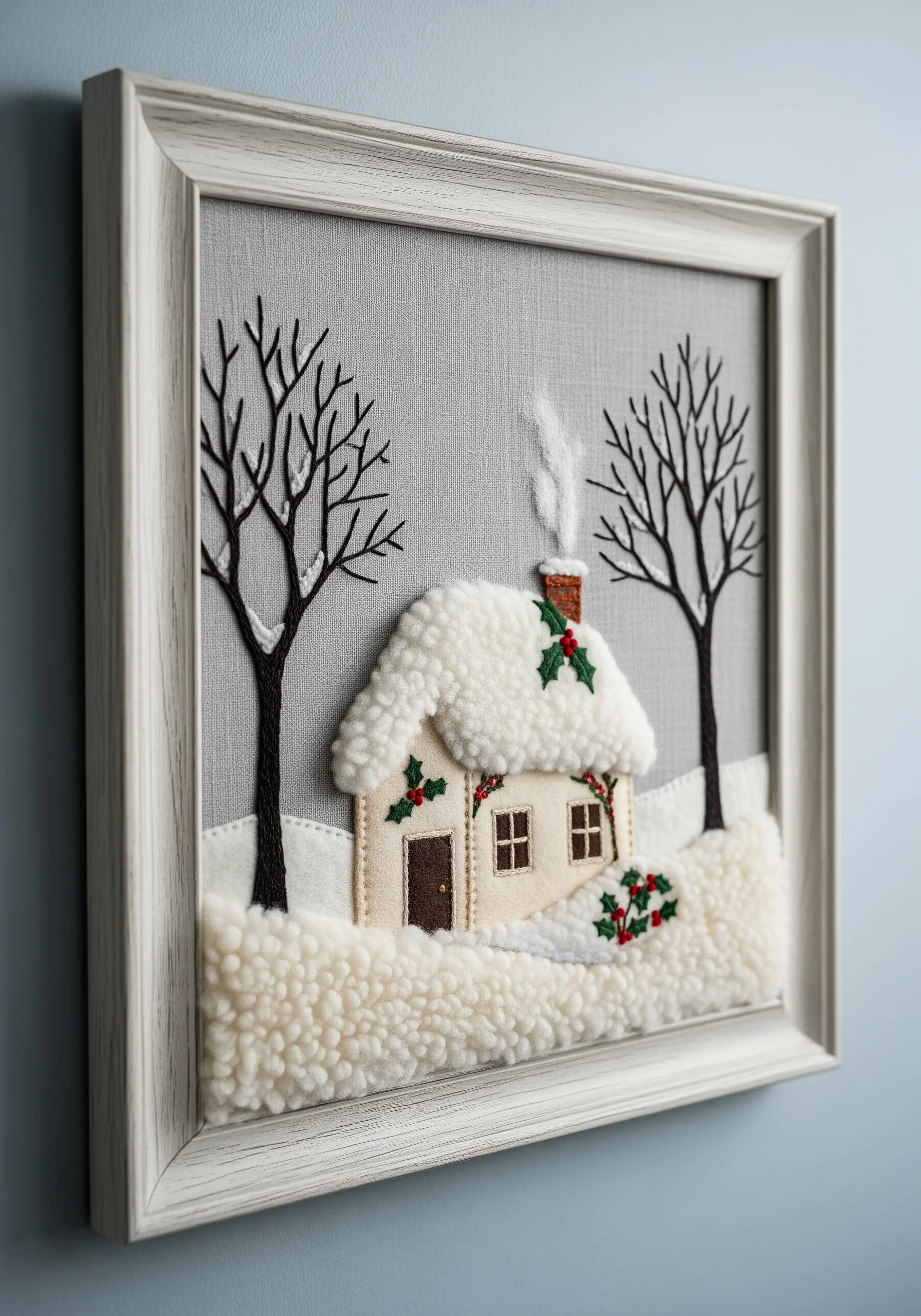 Framed winter scene with a house and ground covered in fluffy white sherpa fabric.
