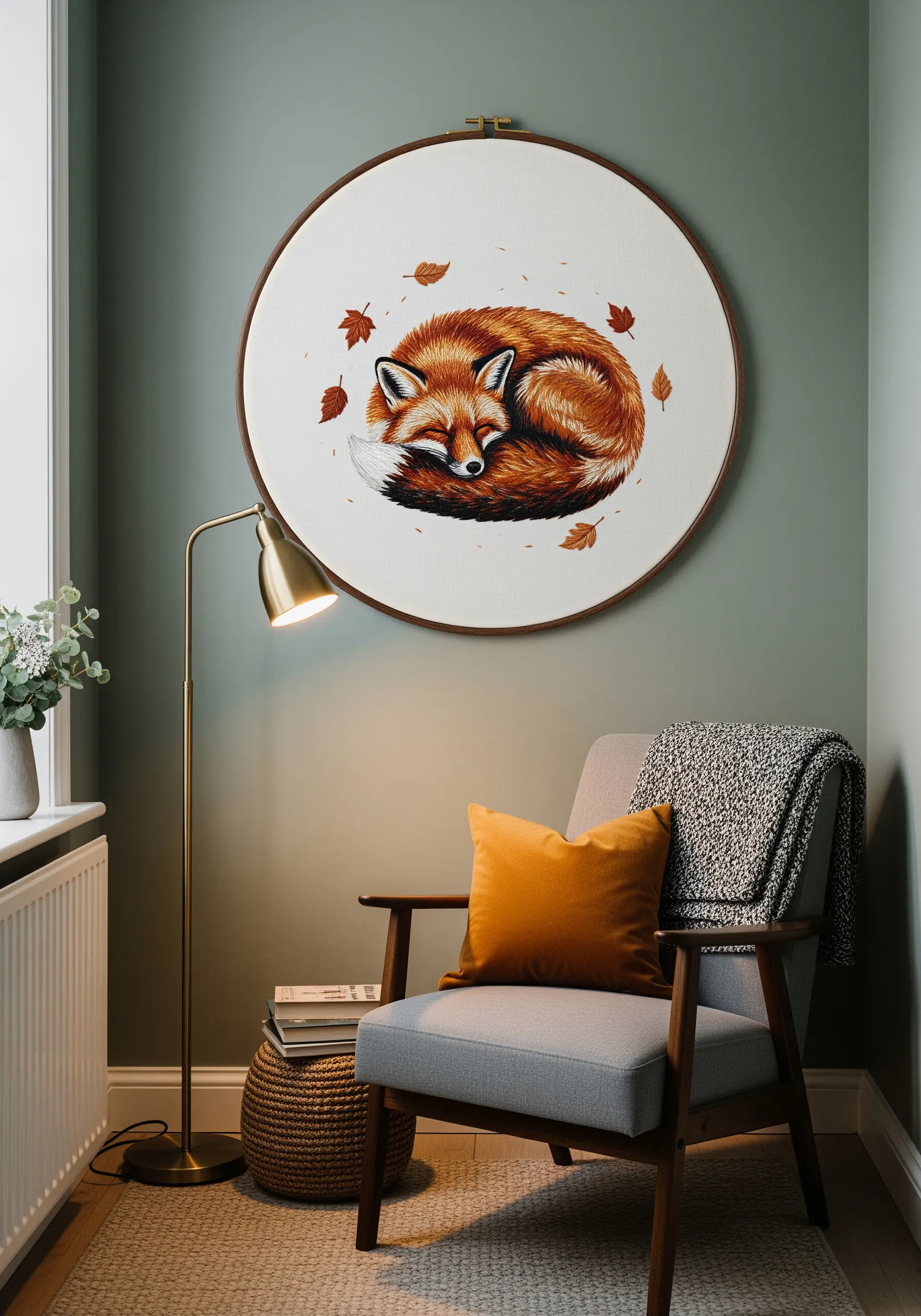 Sleeping fox with rich, warm thread-painted fur and floating autumn leaves.