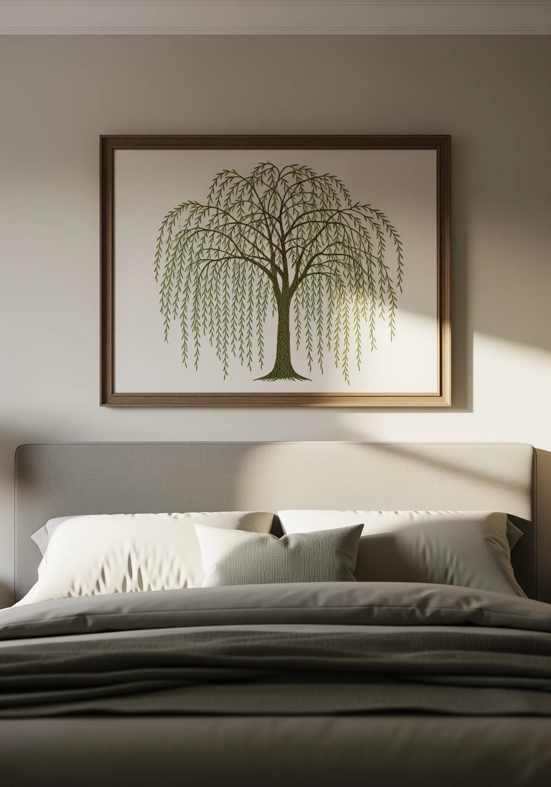 Large framed embroidery of a weeping willow tree hanging above a bed.