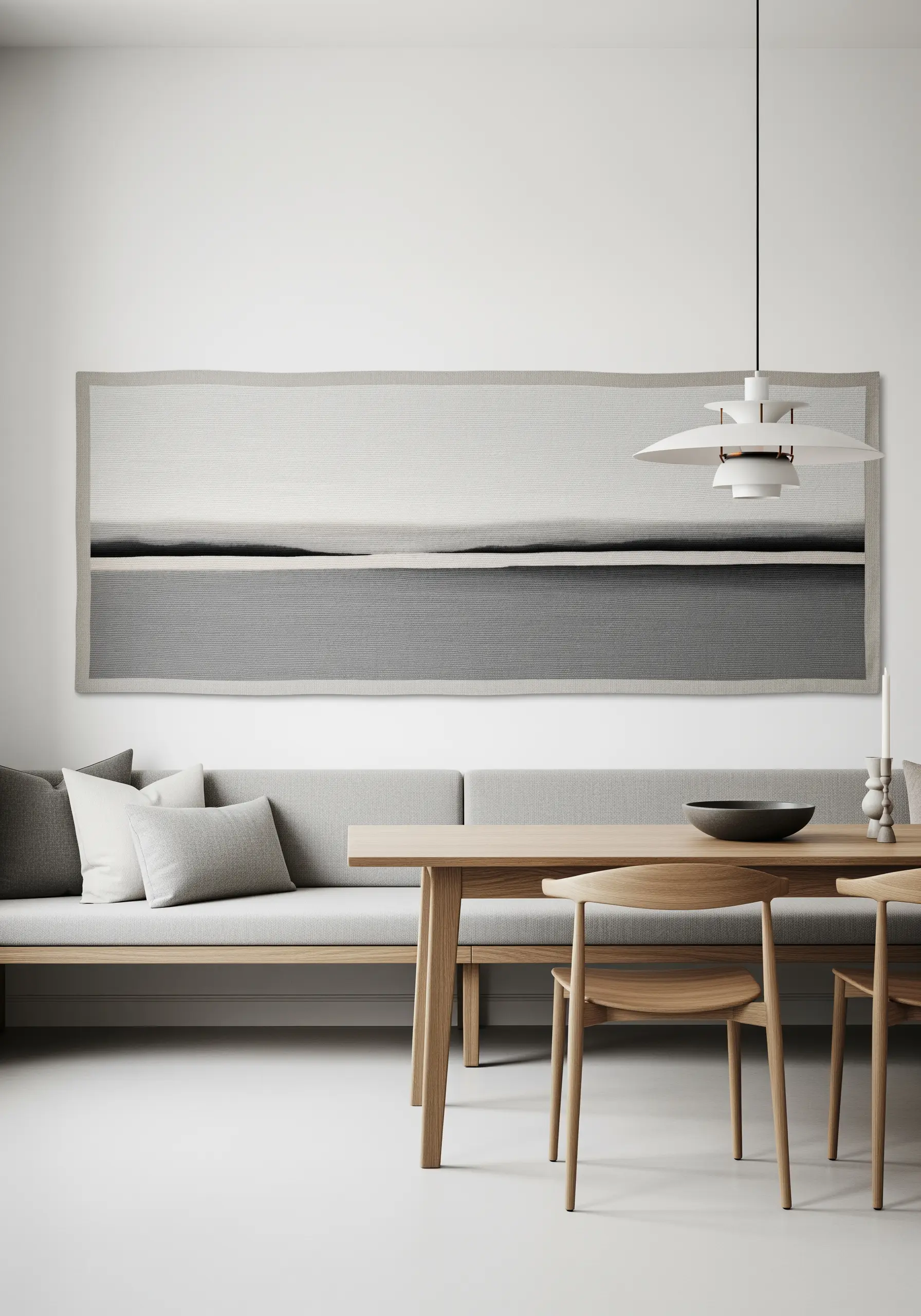A minimalist embroidered landscape with horizontal blocks of grey and white.