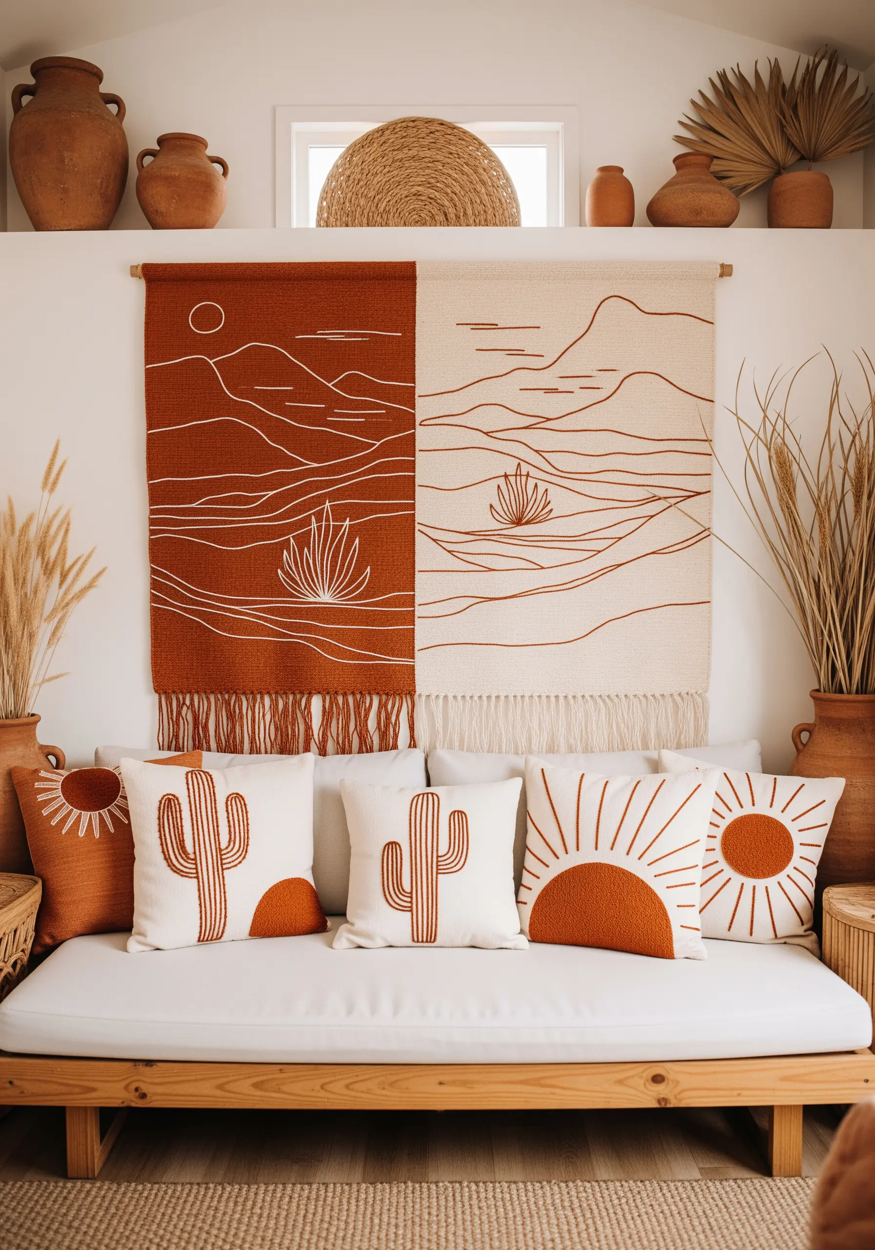A two-panel wall hanging with minimalist desert landscape line art in terracotta and cream.